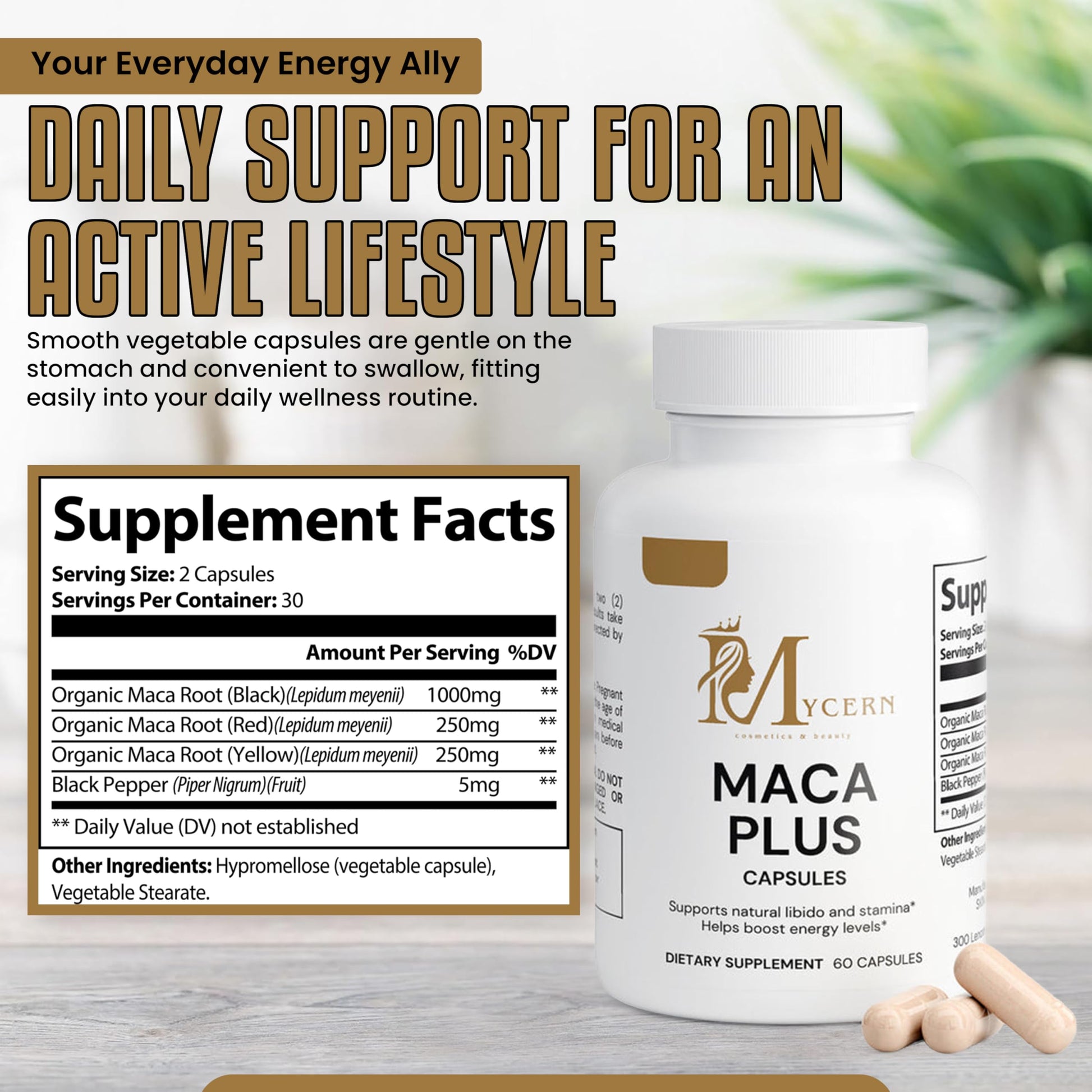 Maca Plus Capsules with Red, Black & Yellow Maca – 1500mg High Potency Root Blend – 60 Caps – Supports Active Lifestyle – Made in USA - Medaid International