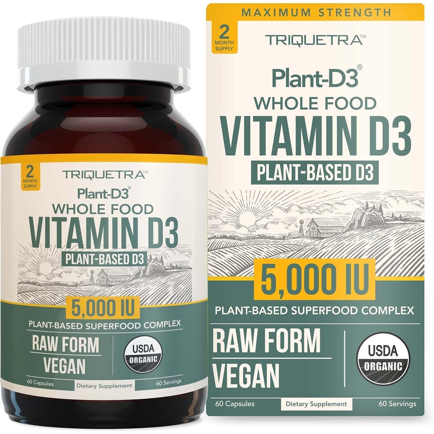 Organic Vitamin D3 5,000 IU - 100% Whole Food & Plant-Based Cholecalciferol Form, 100% Vegan Vitamin D - Enhanced with Prebiotic & Superfood Complex – Organic, Vegan, GMO & Gluten Free (60 Capsules) - Medaid International