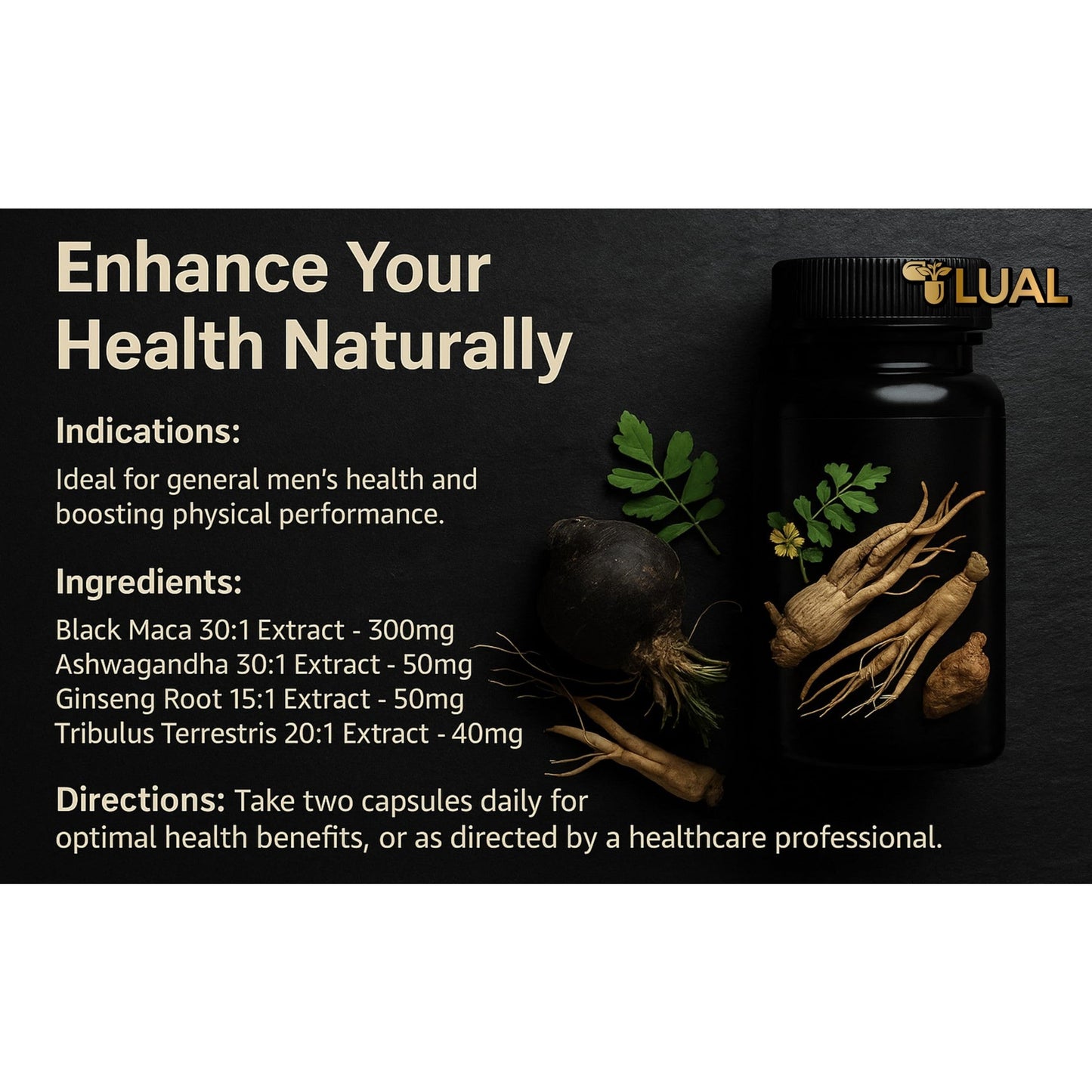 LUAL 30,000mg 30x Strength Organic Black Maca Root with Ashwagandha - Highest Potency Black Maca Root Capsules for Men - 100% Pure Maca Peruana Powder Organic, Gelatinized, Non-GMO - 60 Pills - Medaid International