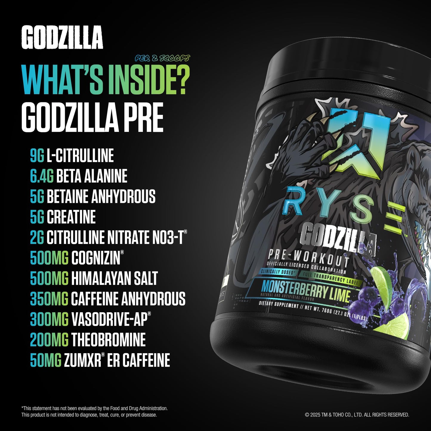 RYSE Godzilla X Noel Deyzel Pre Workout Powder - Monsterberry Lime - 400mg Caffeine, High Stim Pre-Workout for Men & Women with Citrulline & Beta Alanine - Energy, Pump & Focus - 20/40 Servings - Medaid International