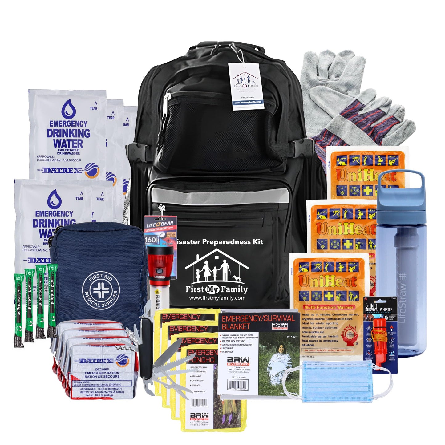 All-in-One 4 Person, LifeStraw Go, 72 Hour Bug Out Bag Emergency Survival Kit for Family. Be Prepared for Hurricanes, Floods, Tsunami, Other Disasters