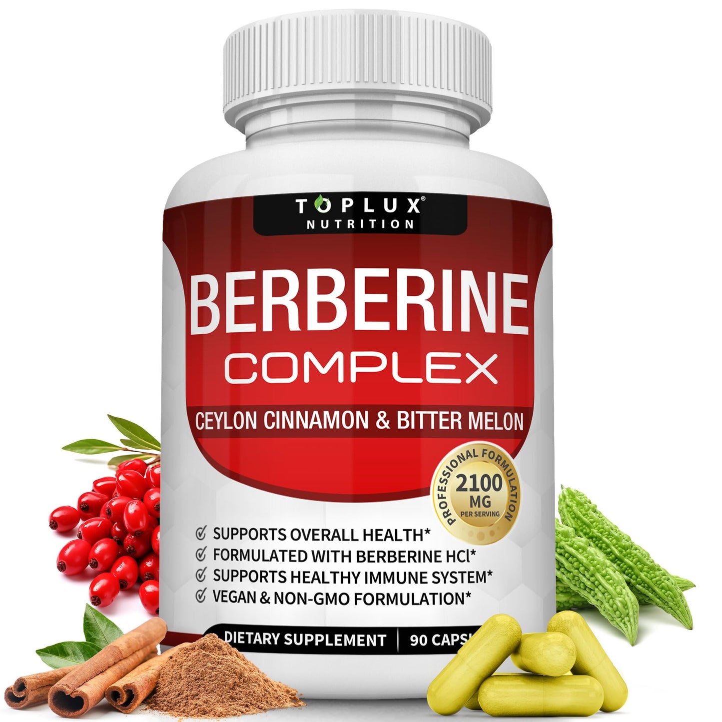 Toplux Berberine with Ceylon Cinnamon and Bitter Melon 2100mg - High Purity 97% HCL Berberine Supplement, Supports Overall Health & Immune System, Non-GMO Vegan 90 Capsules - Medaid International