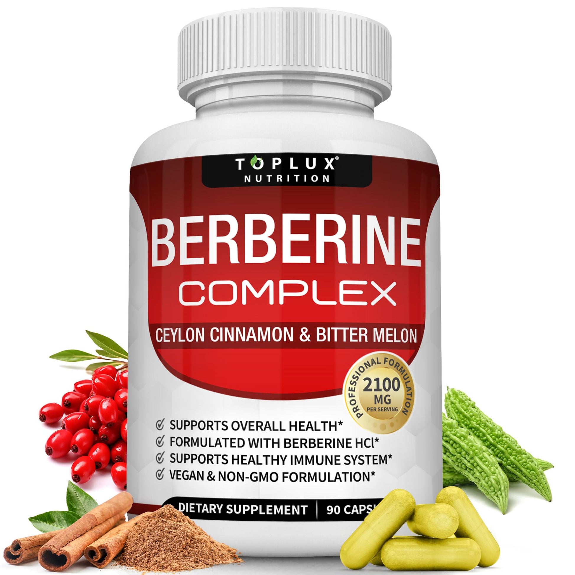 Toplux Berberine with Ceylon Cinnamon and Bitter Melon 2100mg - High Purity 97% HCL Berberine Supplement, Supports Overall Health & Immune System, Non-GMO Vegan 90 Capsules - Medaid International