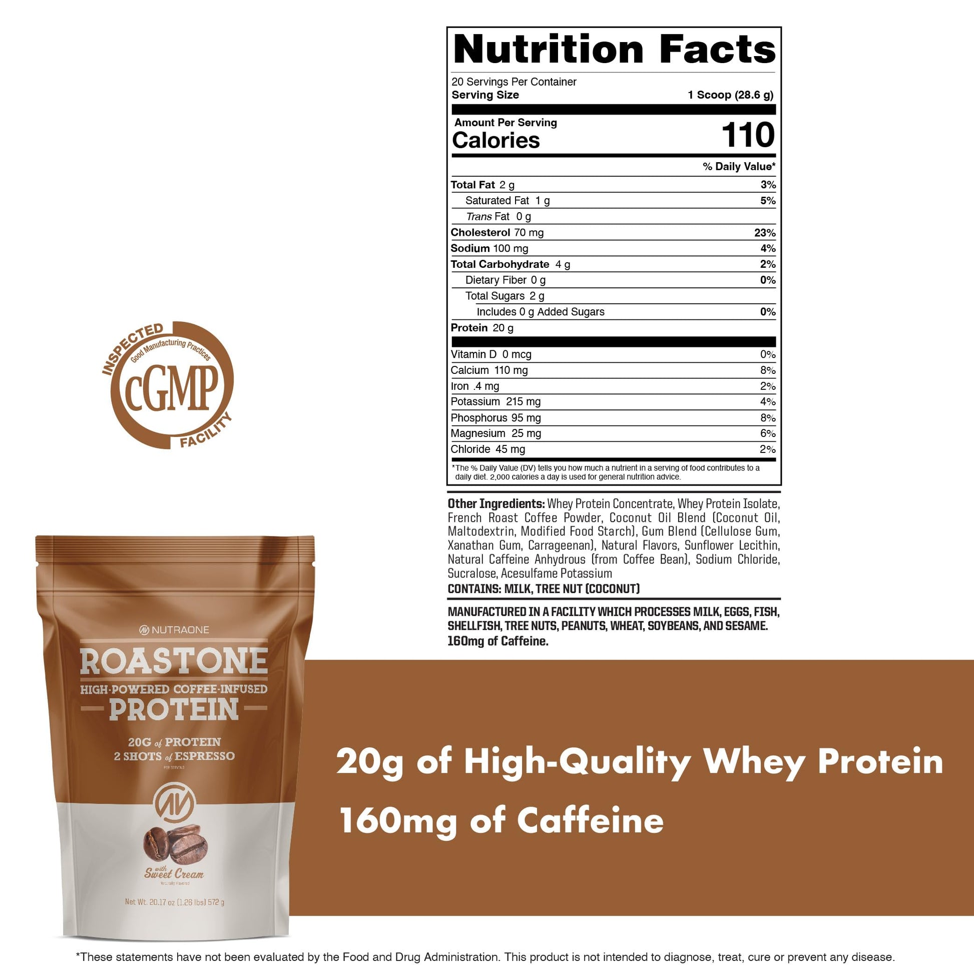NutraOne RoastOne Coffee Protein Powder Coffee Infused Whey Protein Powder for Energy & Focus, 160mg Caffeine and 20g Protein (Sweet Cream – 1.35 lbs.) - Medaid International