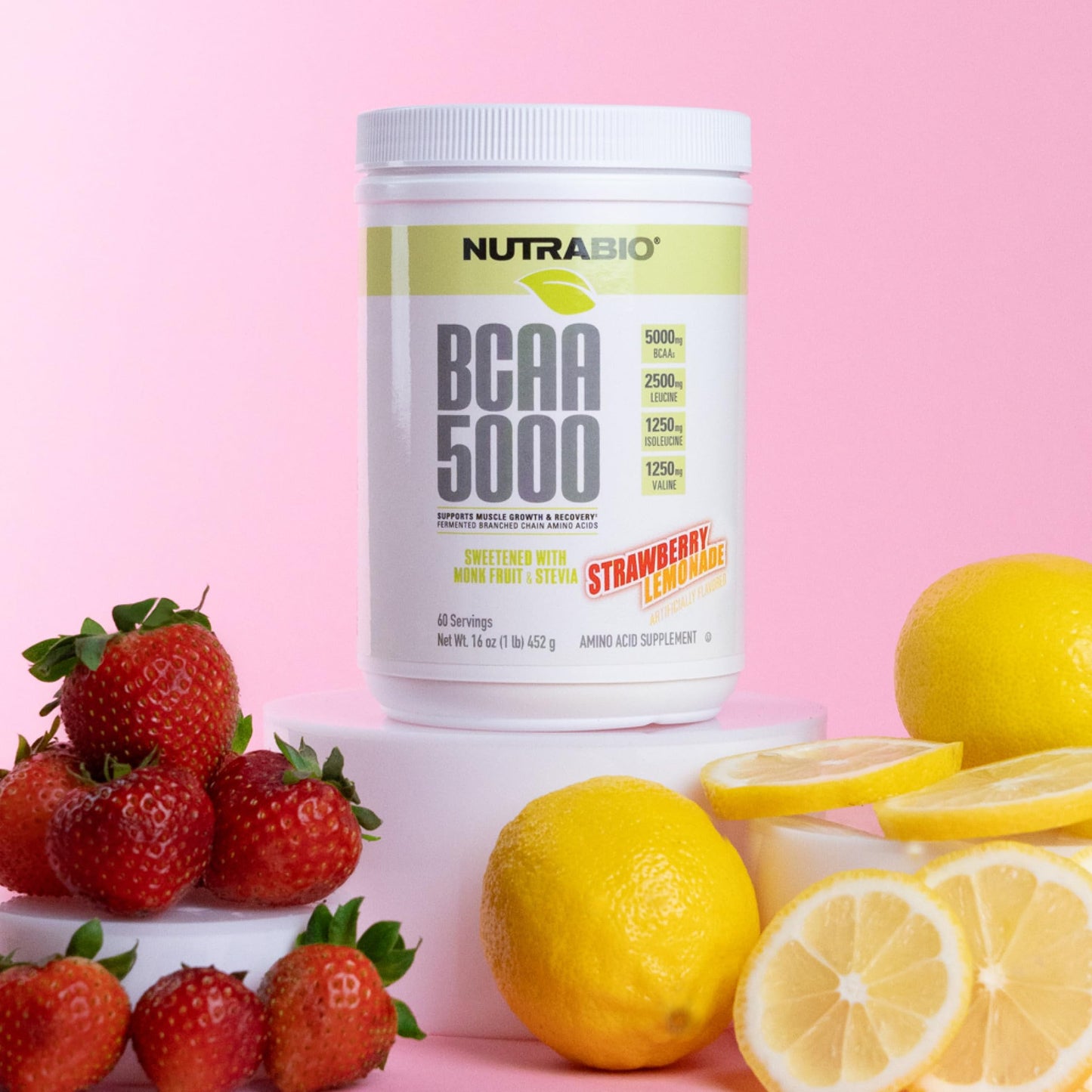 NutraBio BCAA 5000 Powder - Fermented Branched Chain Amino Acids for Muscle Growth & Recovery - Natural Flavors, Sweeteners, and Coloring, Vegan, Gluten Free - Strawberry Lemonade, 60 Servings - Medaid International
