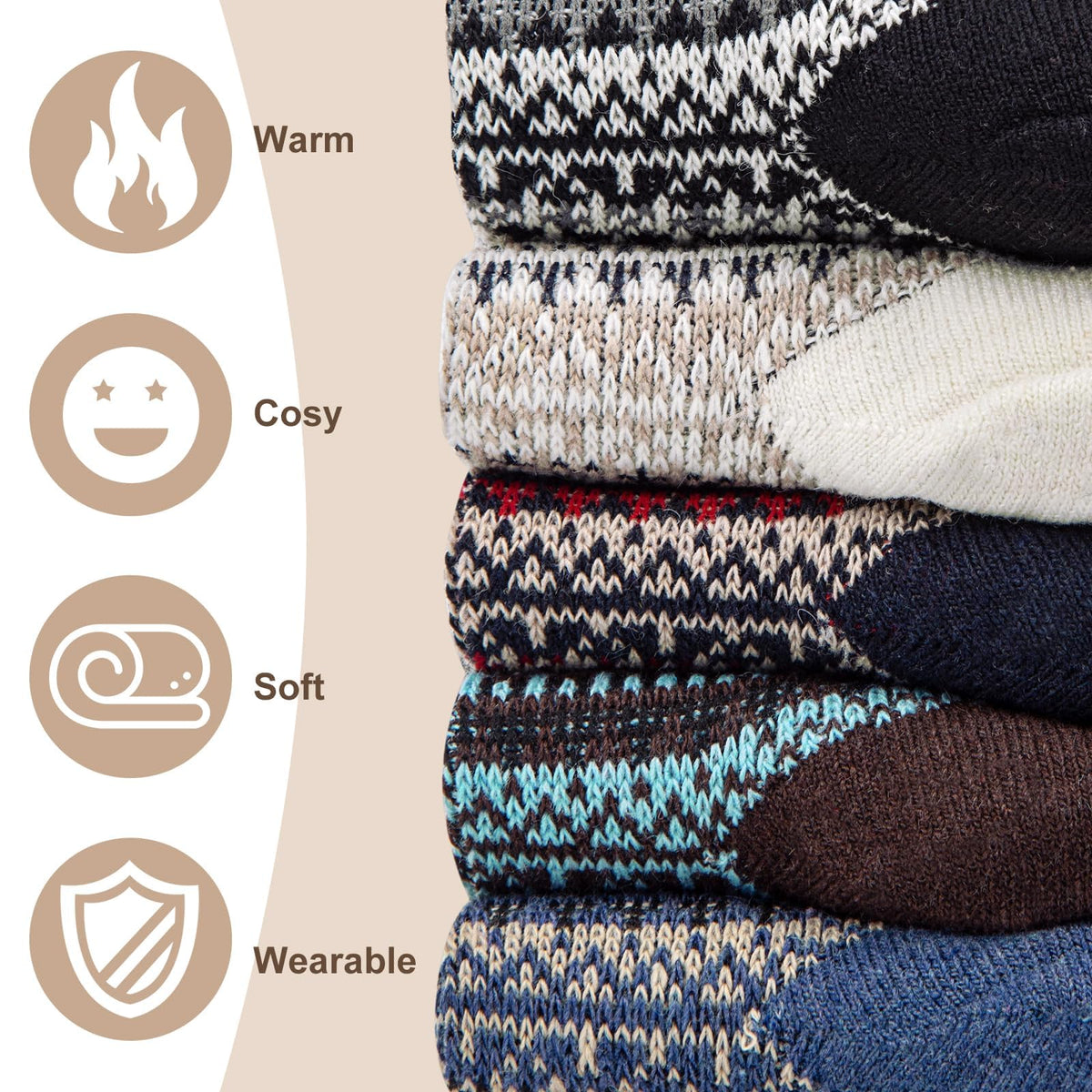 TERRIFI 5 Pairs Womens Thermal Socks, 4-8 Size Knitting Ladies Socks, Soft Warm Socks for Women, Multicoloured for Home