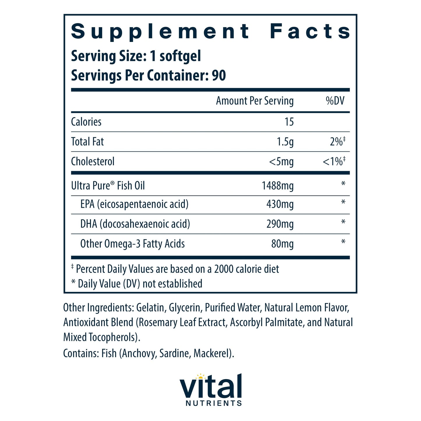 Vital Nutrients Ultra Pure® Fish Oil 800 Triglyceride Form | Heart, Brain, & Immune Health* | Sustainably Sourced High EPA & DHA Omega-3 Fatty Acid | Lemon Flavor | Gluten, Dairy, Soy Free | 90 Count - Medaid International
