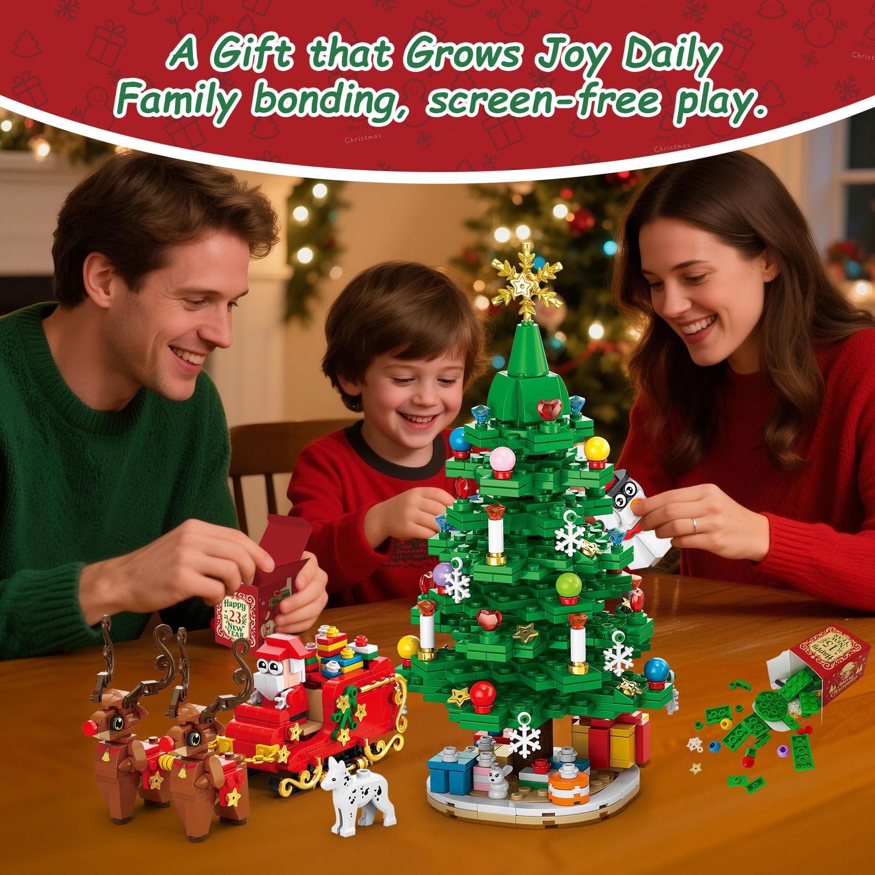 Rubypop Christmas Tree Advent Calendar 2025, 24 Day Countdown Kit with 912PCS Building Blocks Set, Xmas Holiday Decorations Gift for Kids Teen Girls Boys (Santa Sleigh Reindeer) - Medaid International