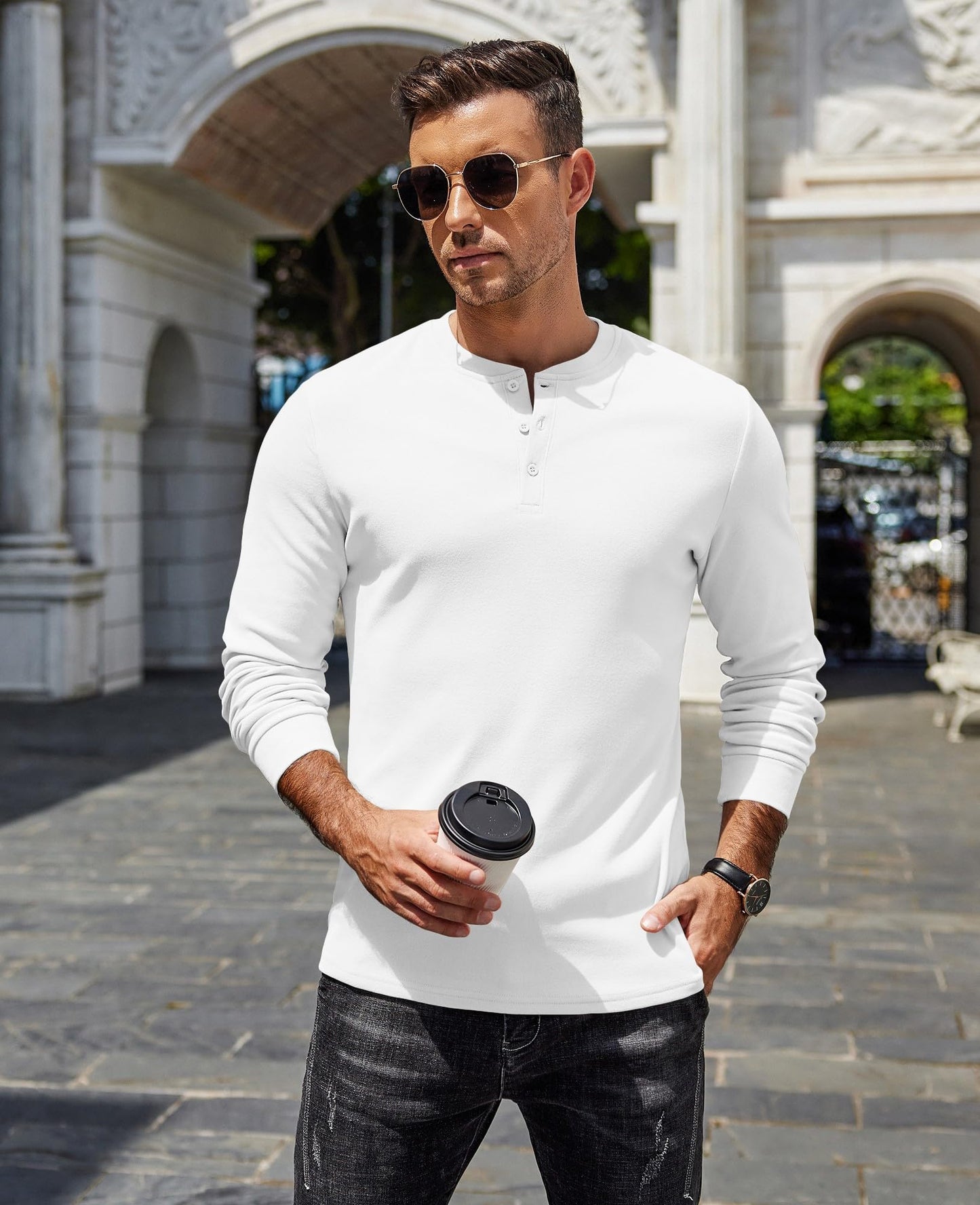 COOFANDY Men's Quarter Button T-Shirts Casual Long Sleeve Henleys Lightweight Pullover Basic Tees Fall Tops White - Medaid International