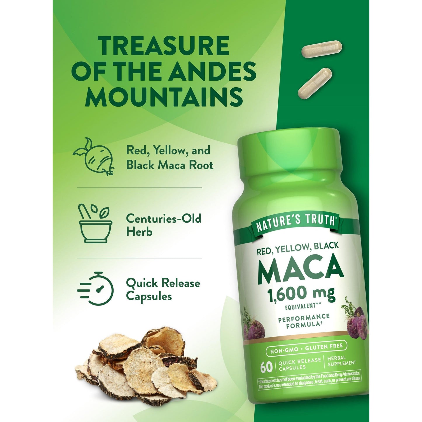 Nature's Truth Maca Root 1600 mg | 60 Quick Release Capsules | Red, Yellow, and Black | Performance Formula | Non-GMO & Gluten Free Supplement - Medaid International