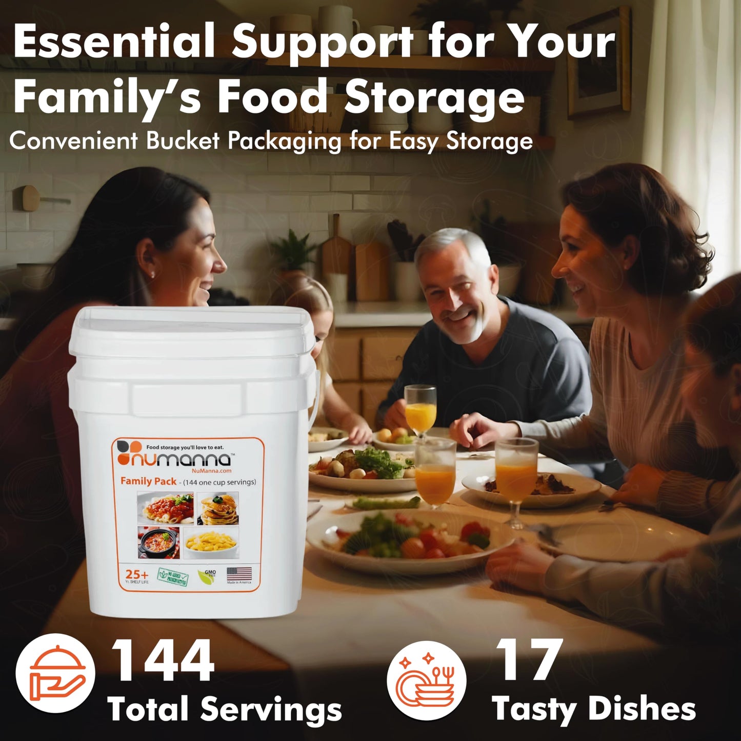 Numanna Family Pack Emergency Food Storage Bucket – 144 Servings, 20 lbs | 1-Month Survival Meal Kit for Long-Term Preparedness | Non-GMO Freeze-Dried Meals in Resealable Pouches | Healthy, Nutritious Everyday Food Supply | 25+ Year Shelf Life | Made in U