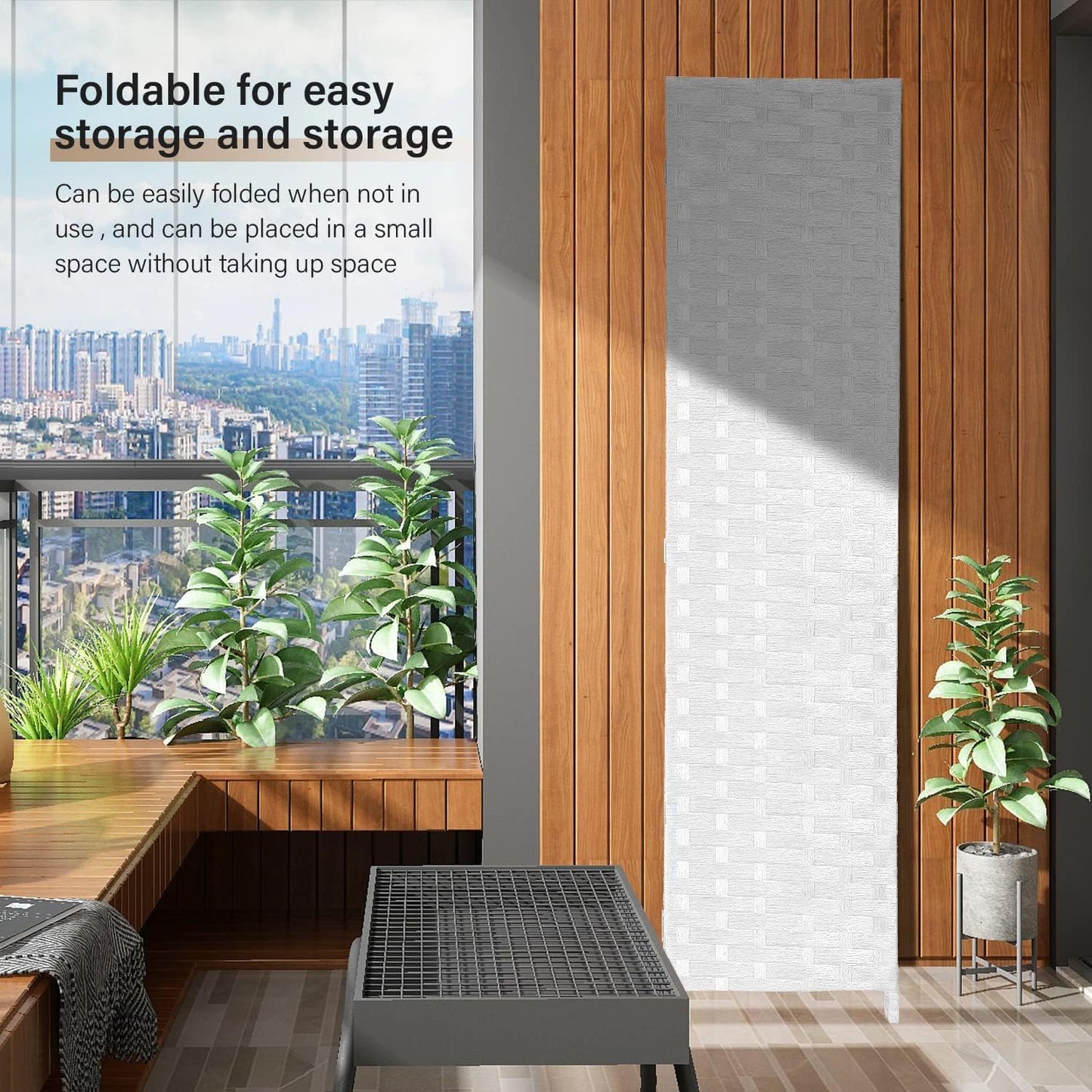 MOMENT Foldable Room Divider 4 Panel, [200 x 180cm] Movable Stretch Fully Hand-woven Privacy Screens Partition Seperating Wall for Office, Bedroom, Living Room, Hotel Room (White)