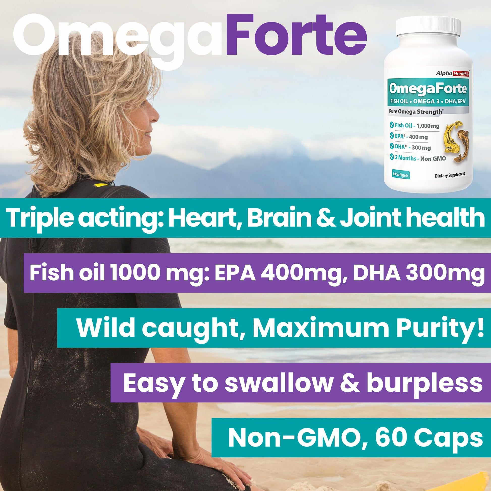 OmegaForte Naturals Omega-3 Fish Oil Supplement – 1000mg Fish Oil, 400mg EPA & 300mg DHA – Burpless Softgels: Heart, Brain, Joint, Eye & Immune Health – High Potency Omega 3 for Men & Women – 60 caps - Medaid International