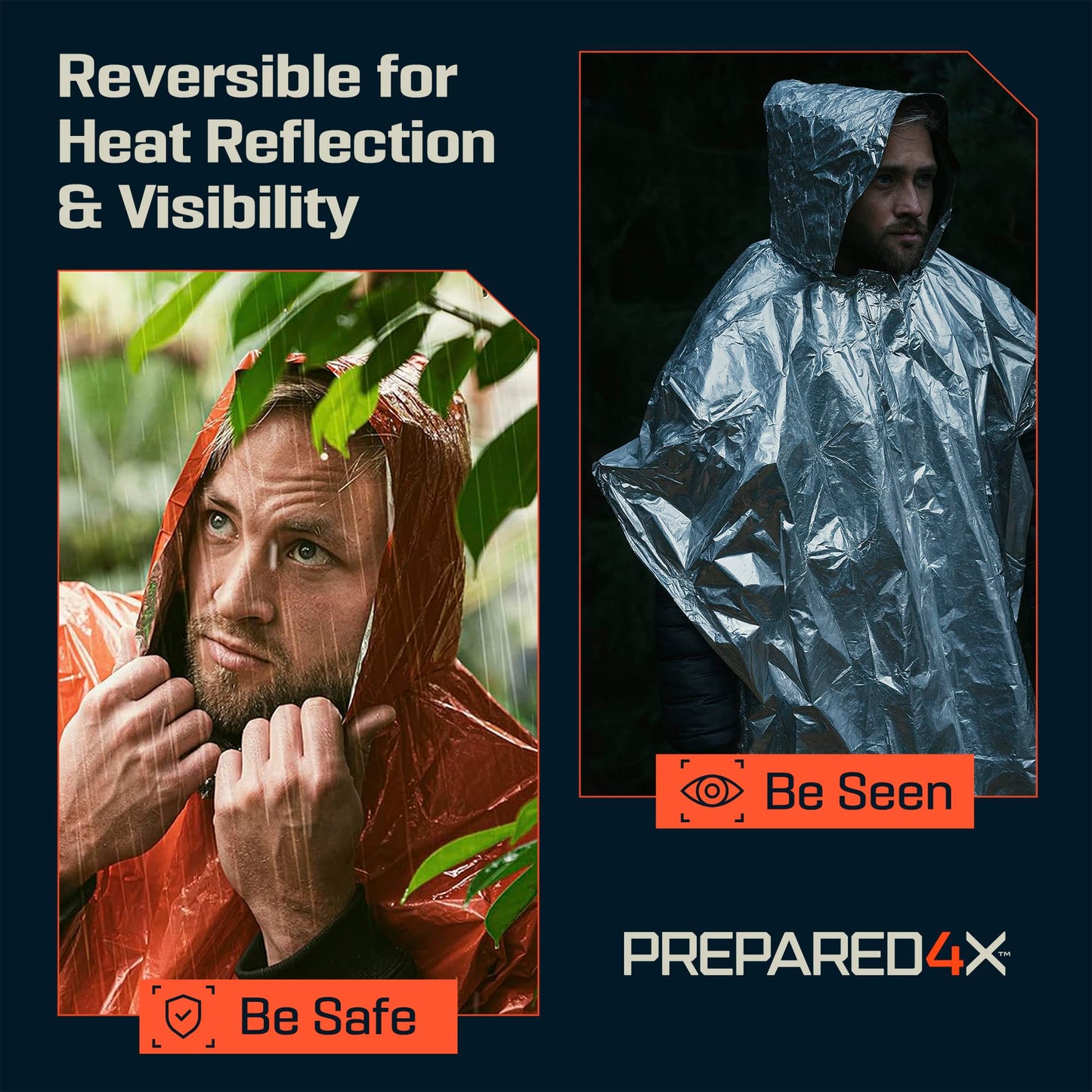 PREPARED4X Emergency Mylar Poncho – Survival Rain Poncho with Hood – Lightweight, Compact, Reusable Emergency Blanket Poncho for Hiking, Camping, Thermal Gear, Car Kit, Outdoors – 4 Pack (Orange)