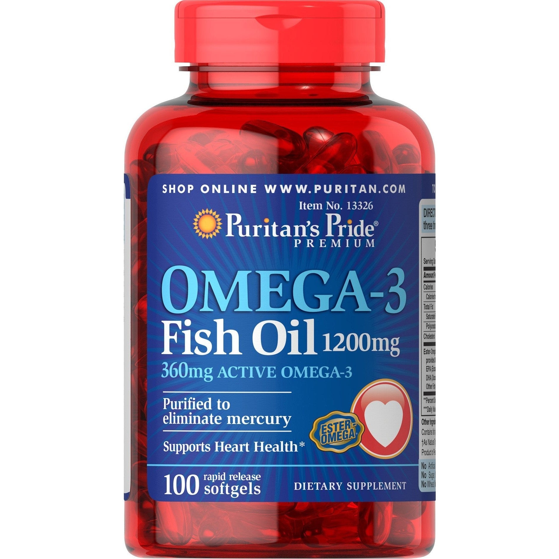 Puritan's Pride Omega-3 Fish Oil 1200 mg (360 mg Active Omega-3) - 100 Softgels - Medaid International