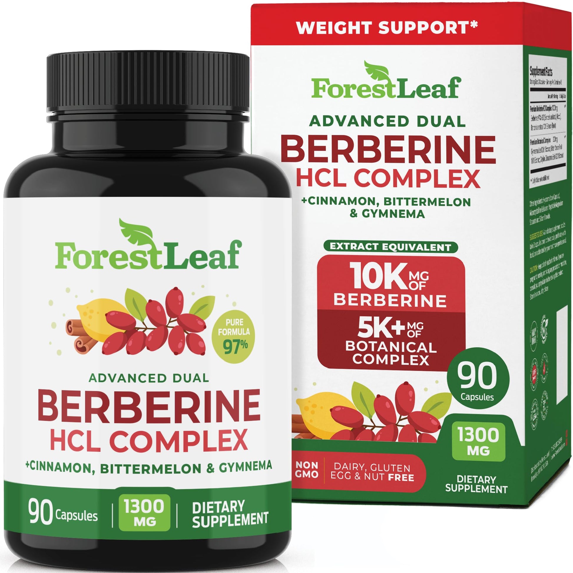 ForestLeaf Berberine Supplement - 1300mg per Serving - Ultra High Potency Berberine HCl with Ceylon Cinnamon, Bitter Melon & Gymnema - Weight Management Support - 90 Caps - Medaid International