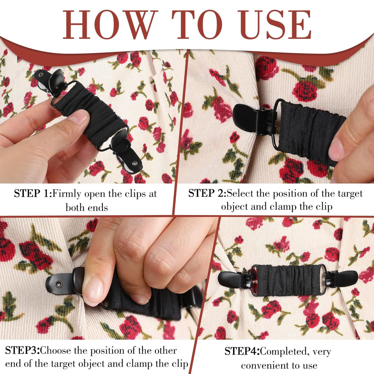TERRIFI 6 Black Tie Clips - Elastic Cinch Clips Dress Clips Clothes Tightening Clip for Fit on Shirts, Dresses, Ideal for Men, Women, and Kids