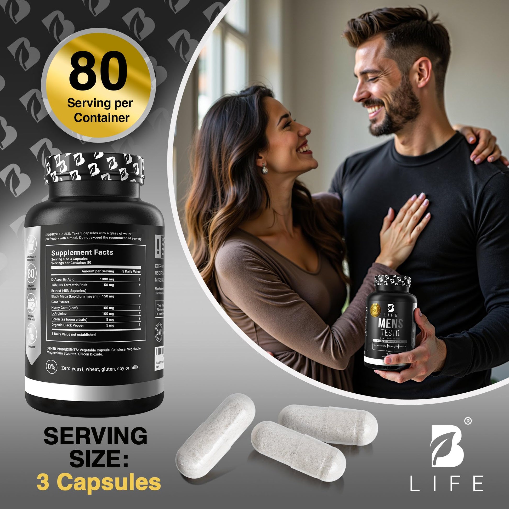 Testosterone Booster Supplement for Men | Boron Supplement for Men with Tribulus Terrestris, Black Maca, Horny Goat Weed, L-Arginine | Stamina, Endurance, Muscle Growth & Strength | 80 Servings - Medaid International