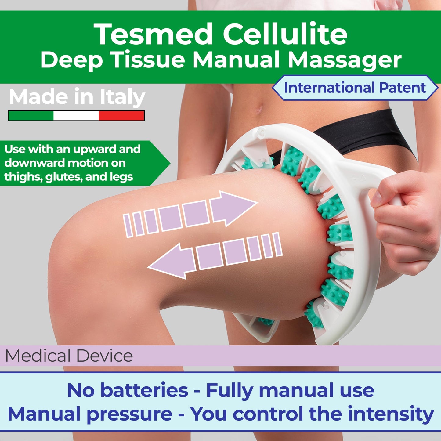 TESMED Anti Cellulite Massager: Clinically Proven Efficacy, Made in Italy, with Converging & Diverging Roller Technology. Patented Cellulite Roller for Thighs and Buttocks. - Medaid International