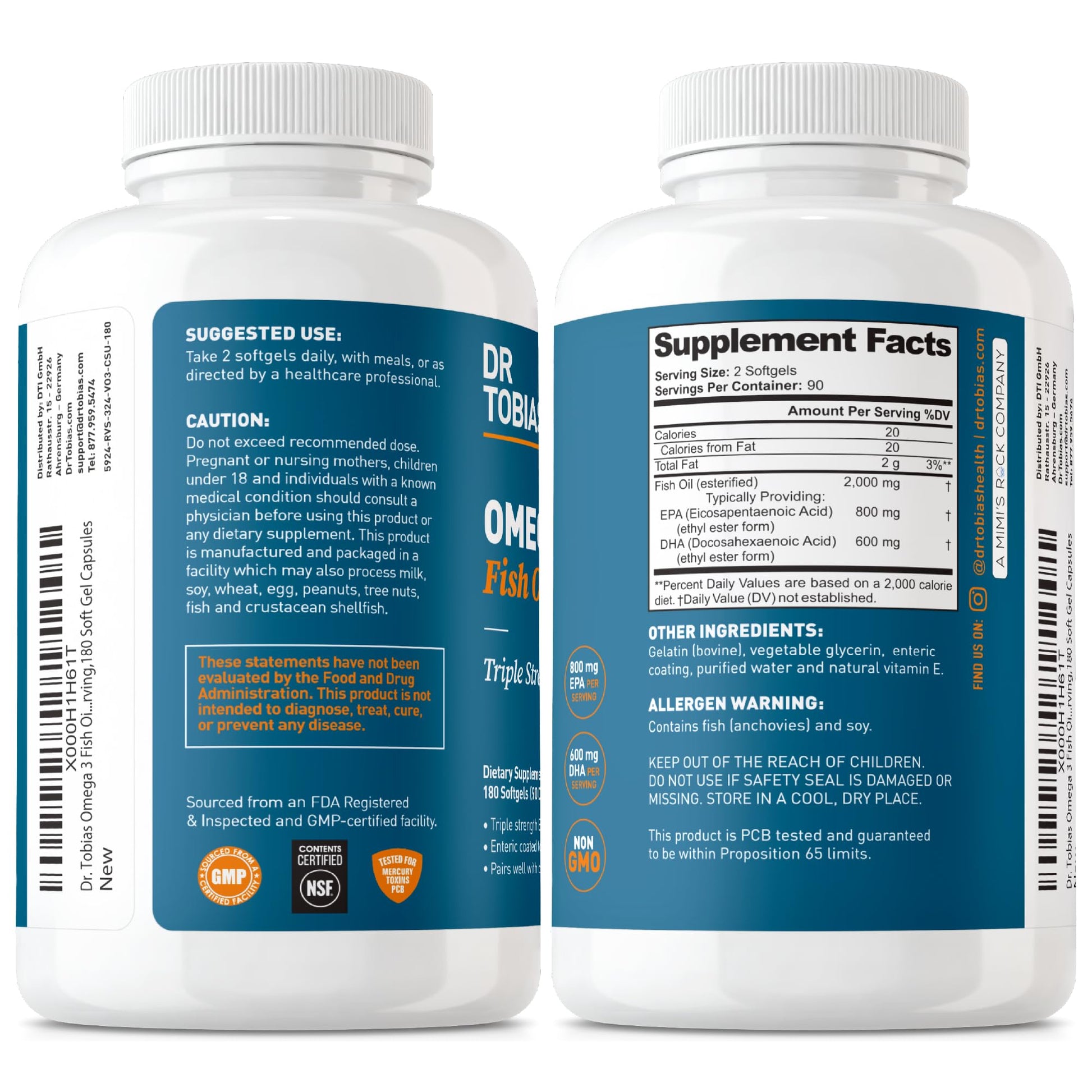 Dr. Tobias Omega 3 Fish Oil, 2000mg Triple Strength with 800mg EPA 600mg DHA Per Serving, Fish Oil Omega 3 Supplements for Heart, Brain & Immune Support, 180 Softgels, 90 Servings - Medaid International