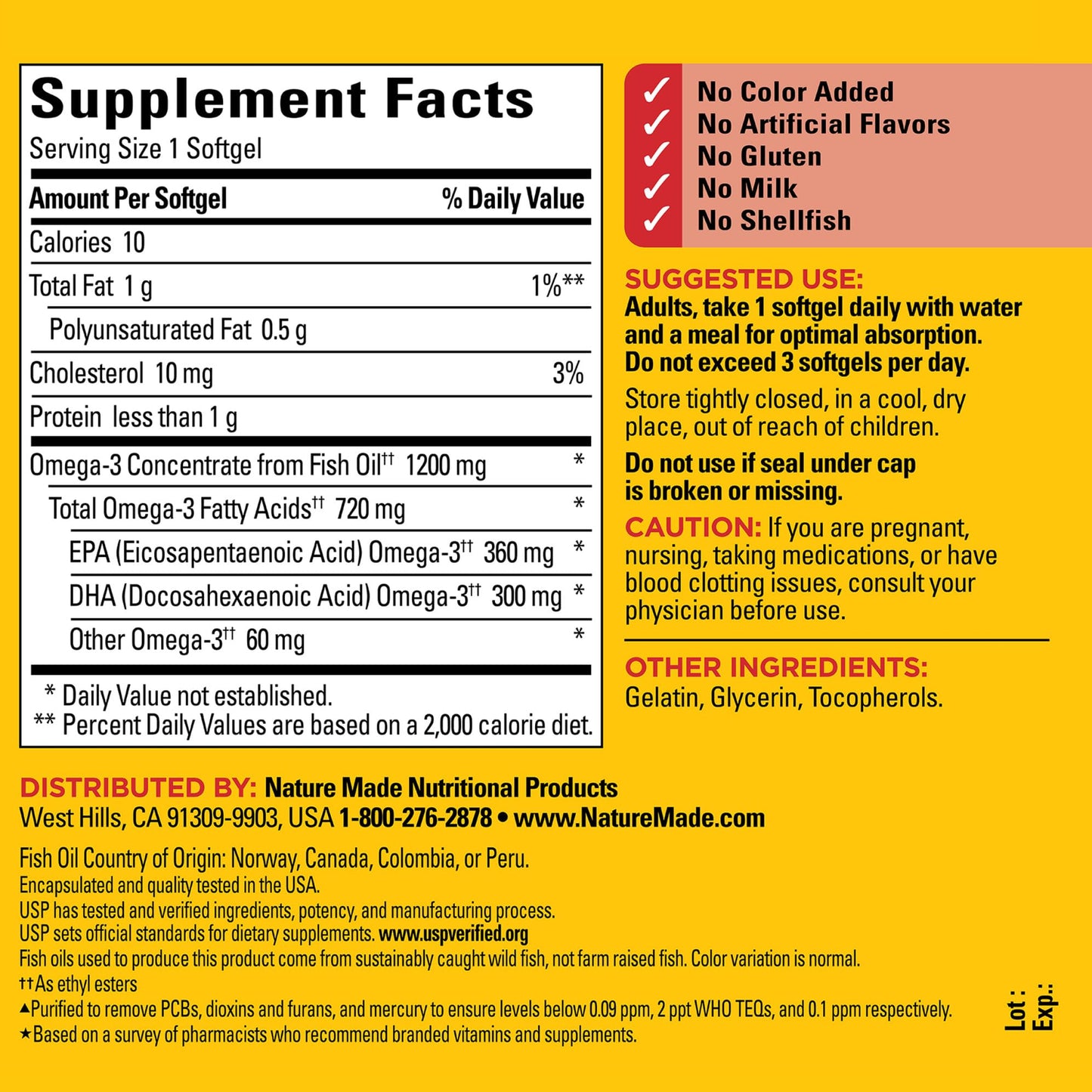 Nature Made Fish Oil Omega 3 Supplements, Omega 3 Fish Oil as Ethyl Esters 1200 mg Softgels, EPA DHA Supplement for Healthy Heart, Brain, Eye Support, One Per Day, 100 Softgels - Medaid International