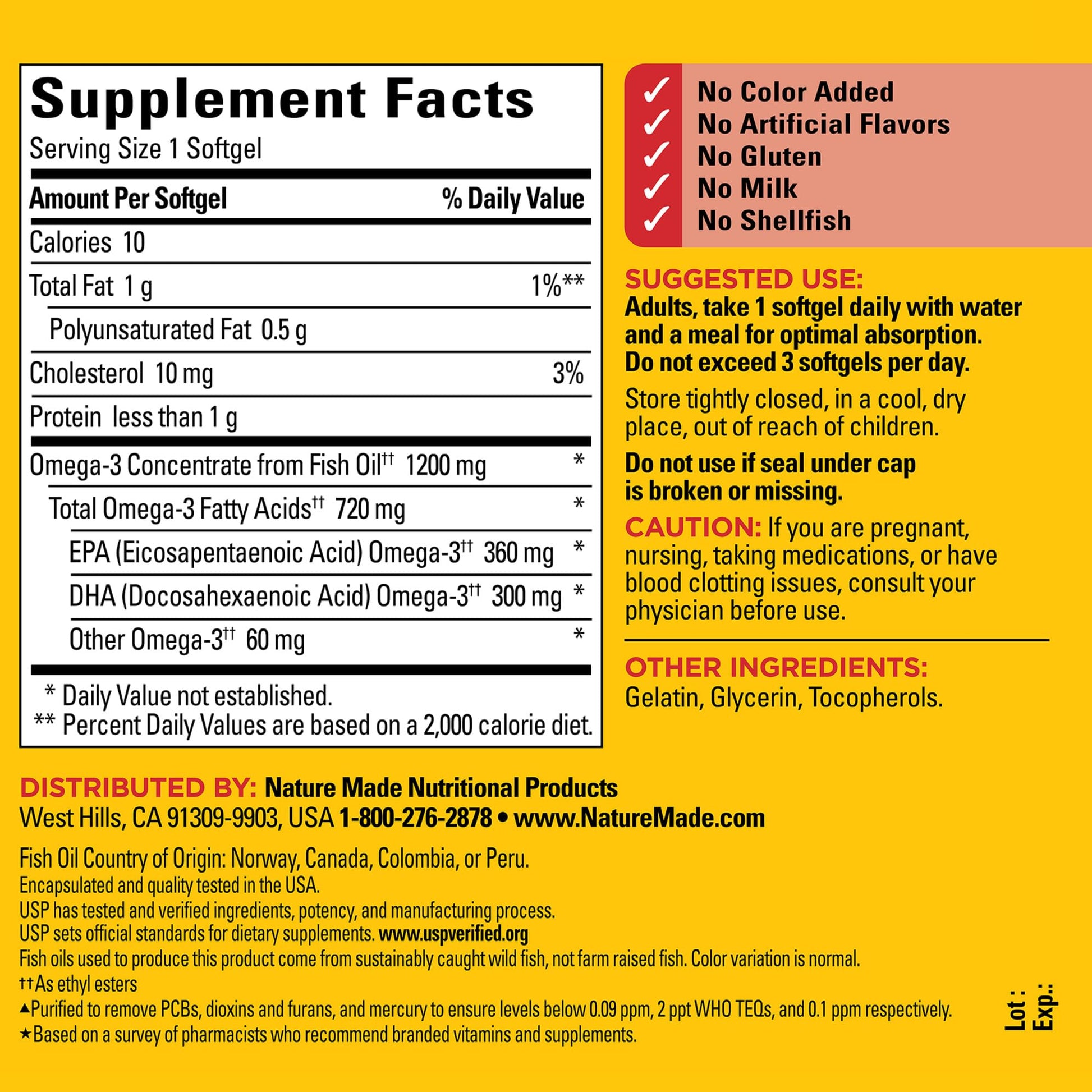 Nature Made Fish Oil Omega 3 Supplements, Omega 3 Fish Oil as Ethyl Esters 1200 mg Softgels, EPA DHA Supplement for Healthy Heart, Brain, Eye Support, One Per Day, 100 Softgels - Medaid International