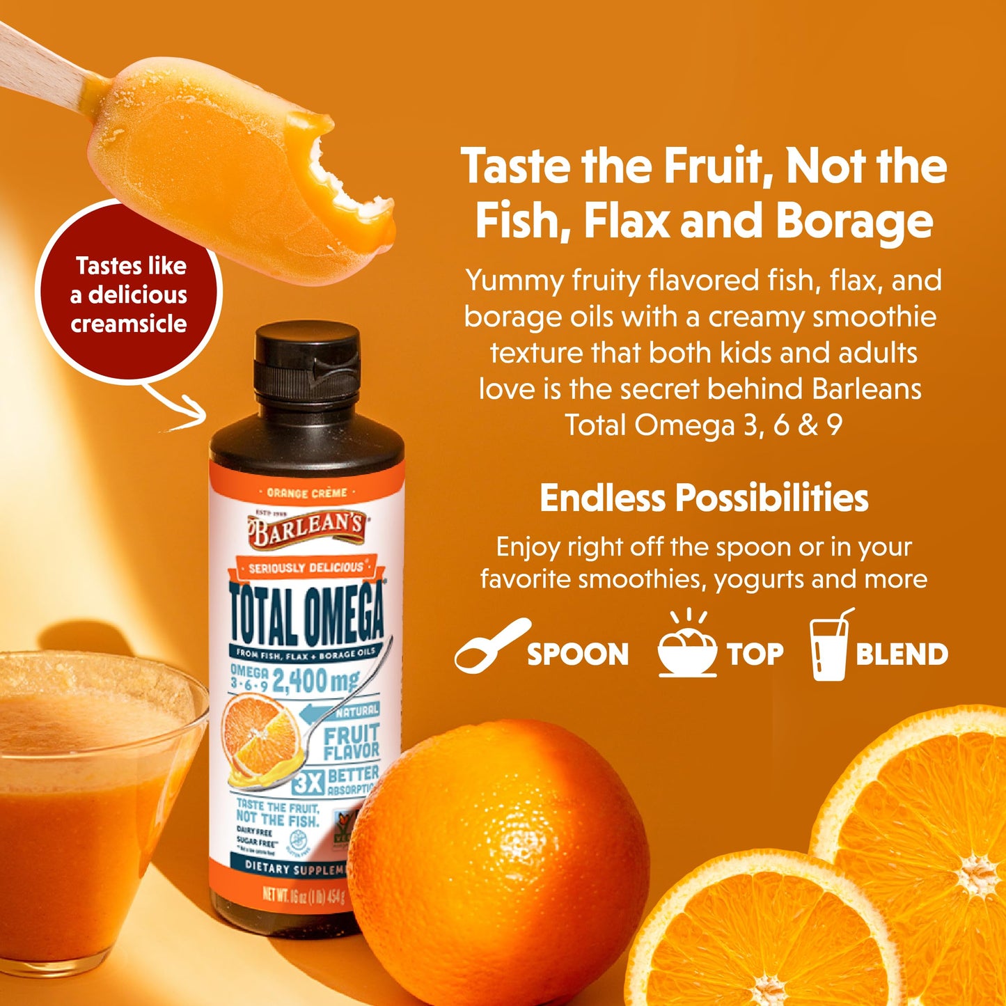 Barlean's Total Omega 3 6 9 Orange Crème Liquid Fish Oil Supplement with Borage and Flaxseed Oil, 2,400 mg of Omegas EPA and DHA Plus GLA for Joint and Heart Health, 8 oz - Medaid International