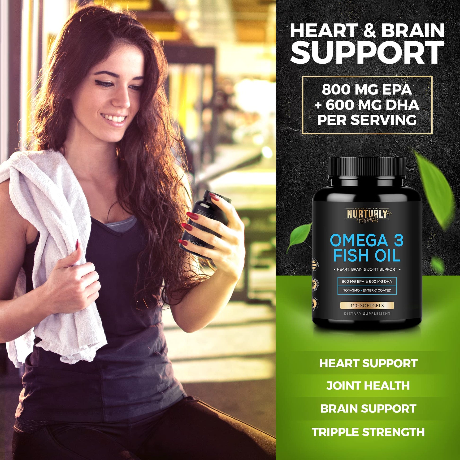 Omega 3 Fish Oil 2000mg, 800mg EPA and 600mg DHA - Enteric Coated and Burpless - Supports Brain, and Heart - Burpless, Non-GMO, 3rd Party Lab Tested and NSF Certified - 120 Softgels - Medaid International