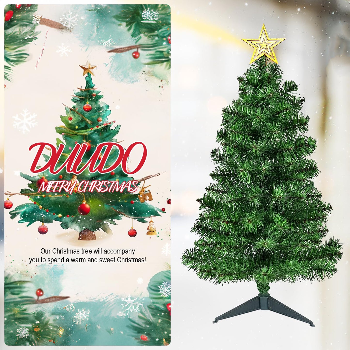 DUUDO 3FT Premium Hinged Artificial Holiday Small Mini Christmas Tree for Tabletop,Home, Office, Indoor and Outdoor Holiday Decoration,Easy Assembly Metal Hinges & Foldable Base - Medaid International
