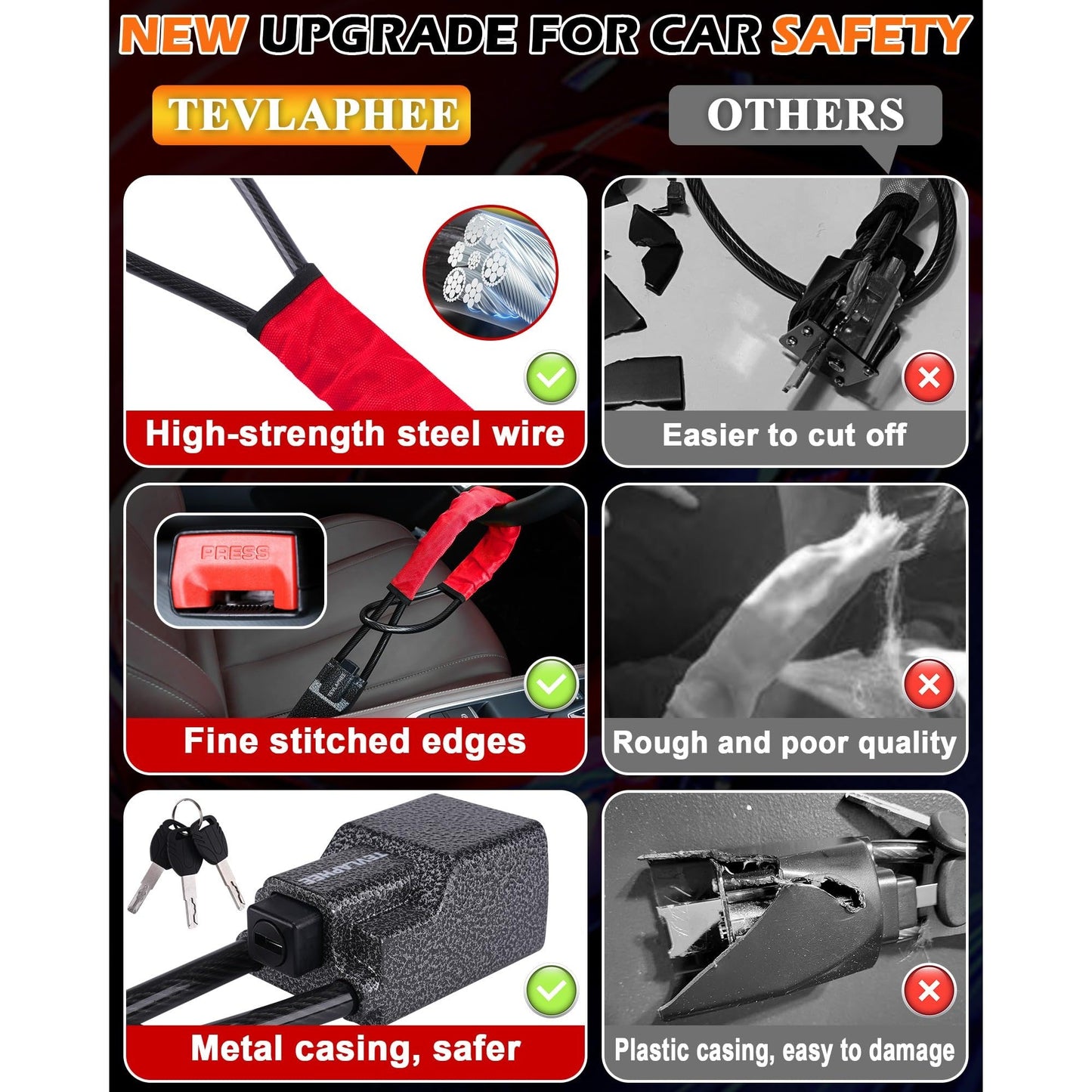 Tevlaphee Steering Wheel Lock Seat Belt Lock Universal Anti Theft Car Device Car Lock Car Theft Prevention with 3 Keys for Car Security Fit Most Vehicles Truck SUV Van (Red) - Medaid International