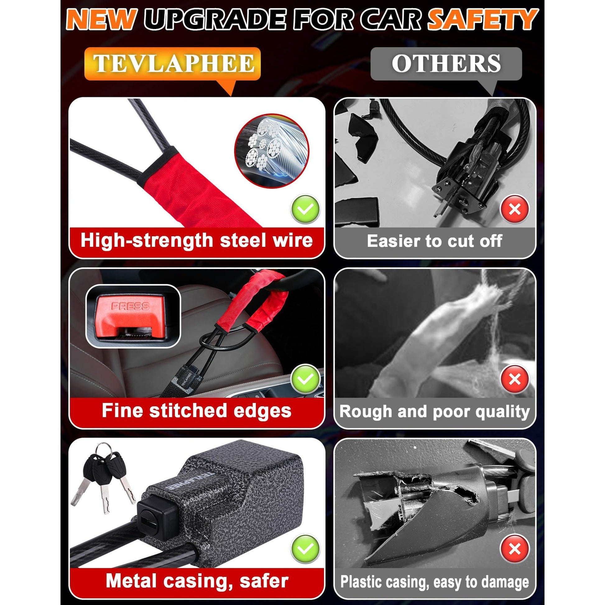 Tevlaphee Steering Wheel Lock Seat Belt Lock Universal Anti Theft Car Device Car Lock Car Theft Prevention with 3 Keys for Car Security Fit Most Vehicles Truck SUV Van (Red) - Medaid International