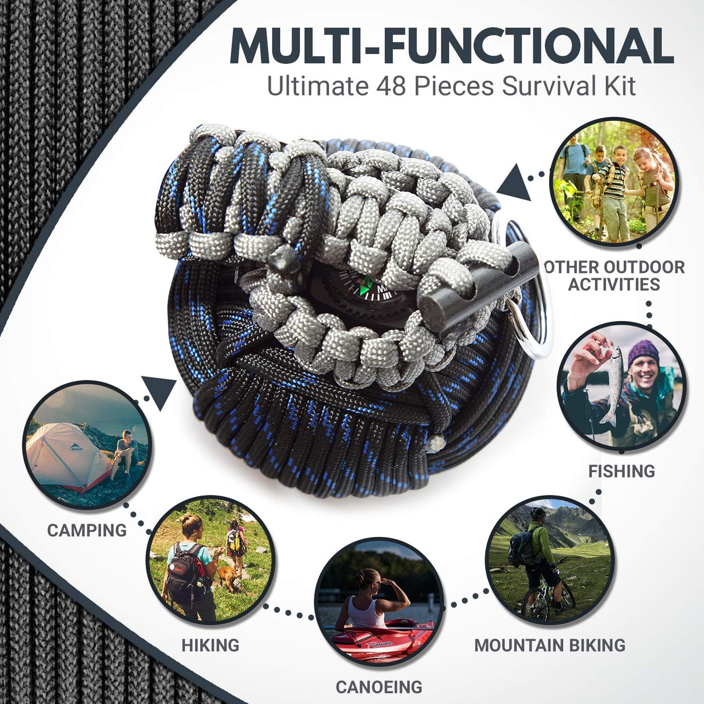 Paracord Emergency Carabiner Grenade with 48 Survival Tools (Blue+Black) - Grenade-Tied 550 Parachute Cord for Outdoor Preparedness - Holtzman's Gorilla Survival