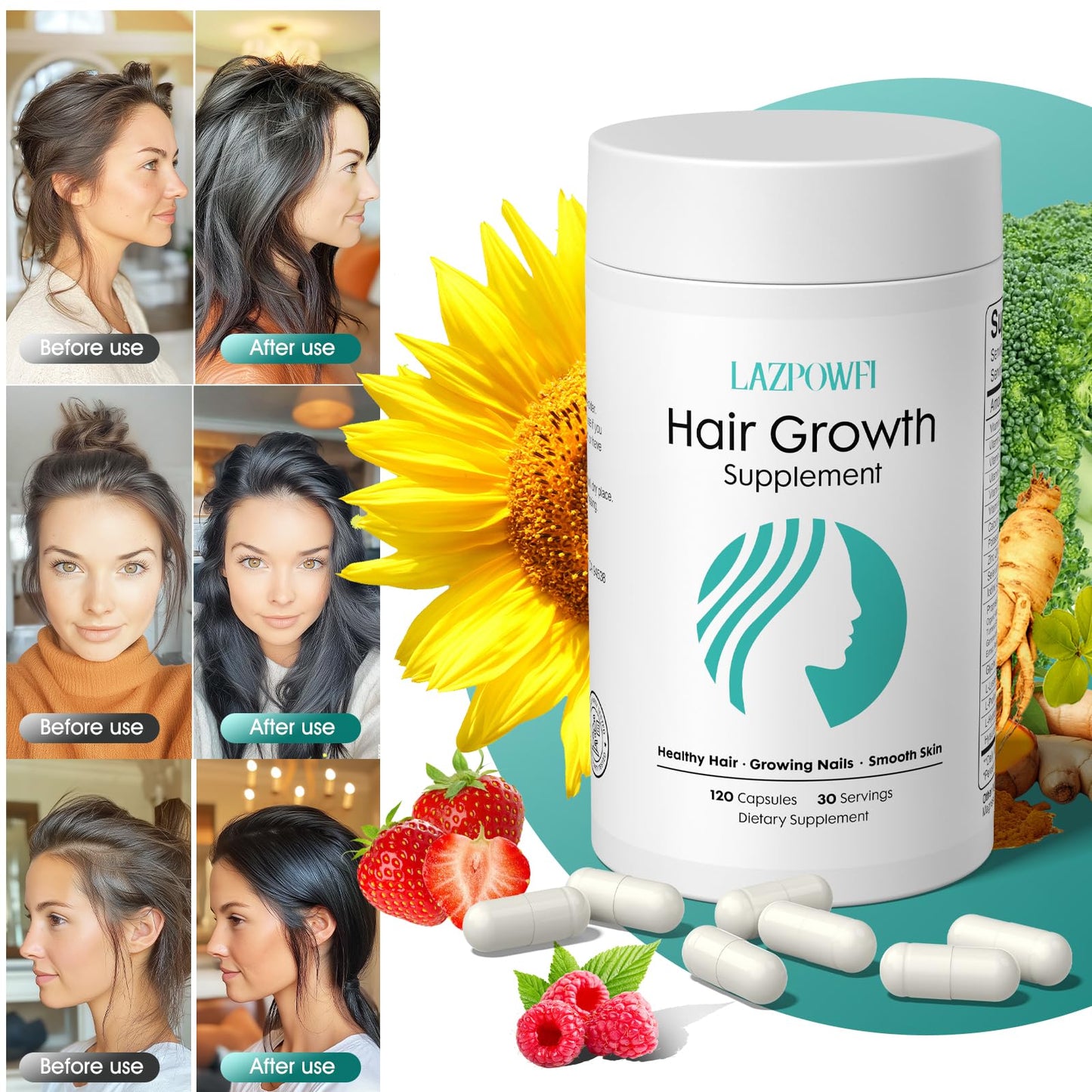 Lazpowfi Hair Growth Products, Biotin 10000mcg, 30-in-1 with Vitamin A, B3, C, D, E, Calcium, Hair Growth Supplement, Supports Hair & Nails Natural Growth Vitamins, for Women & Men - 30 Servings - Medaid International