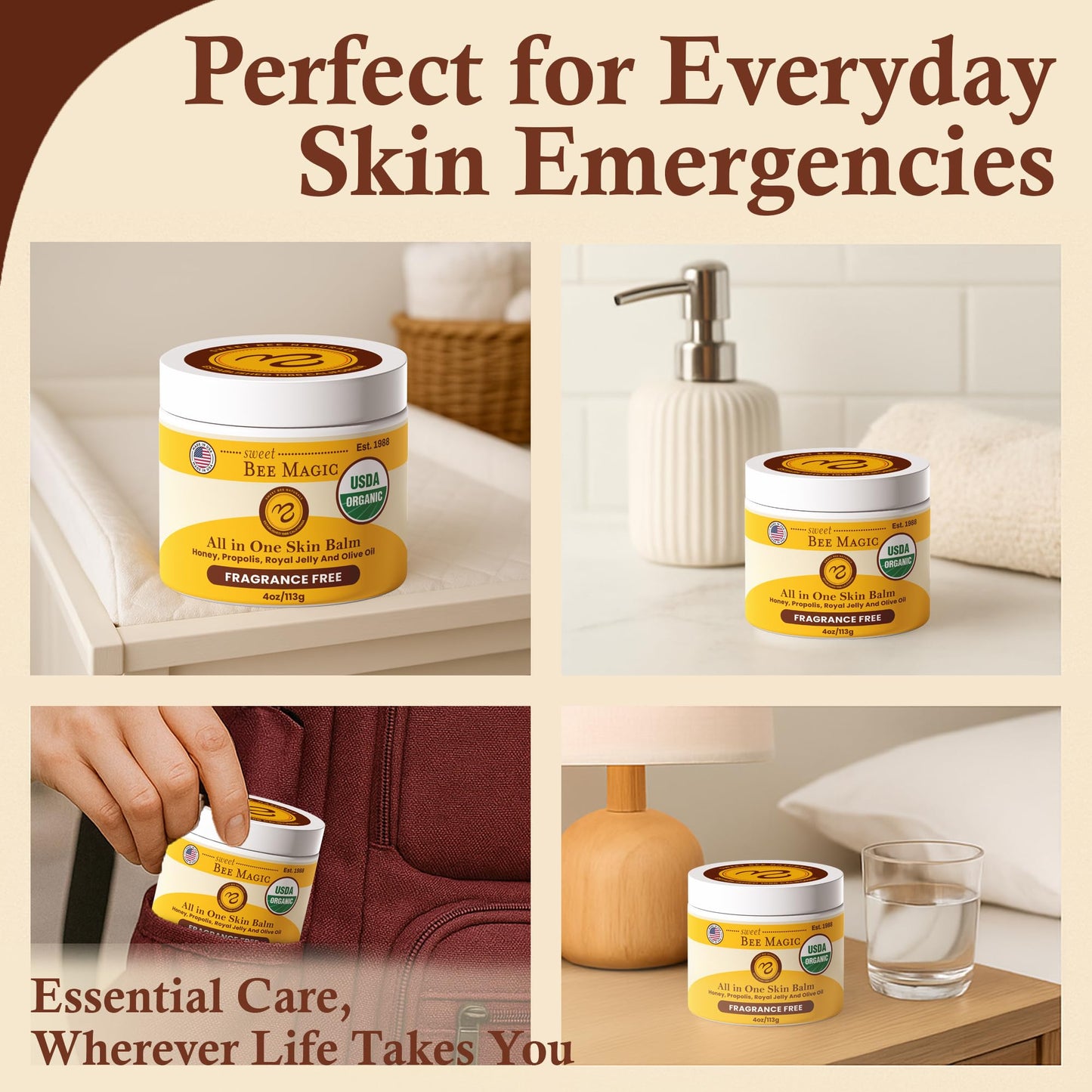 Sweet Bee Magic All In One Healing Organic Balm - Natural Skin Healing Cream, Beeswax Balm for Dry Skin, Face & Body Moisturizer - Certified Organic, All Natural Aid - 1 Jar (4oz) - Medaid International