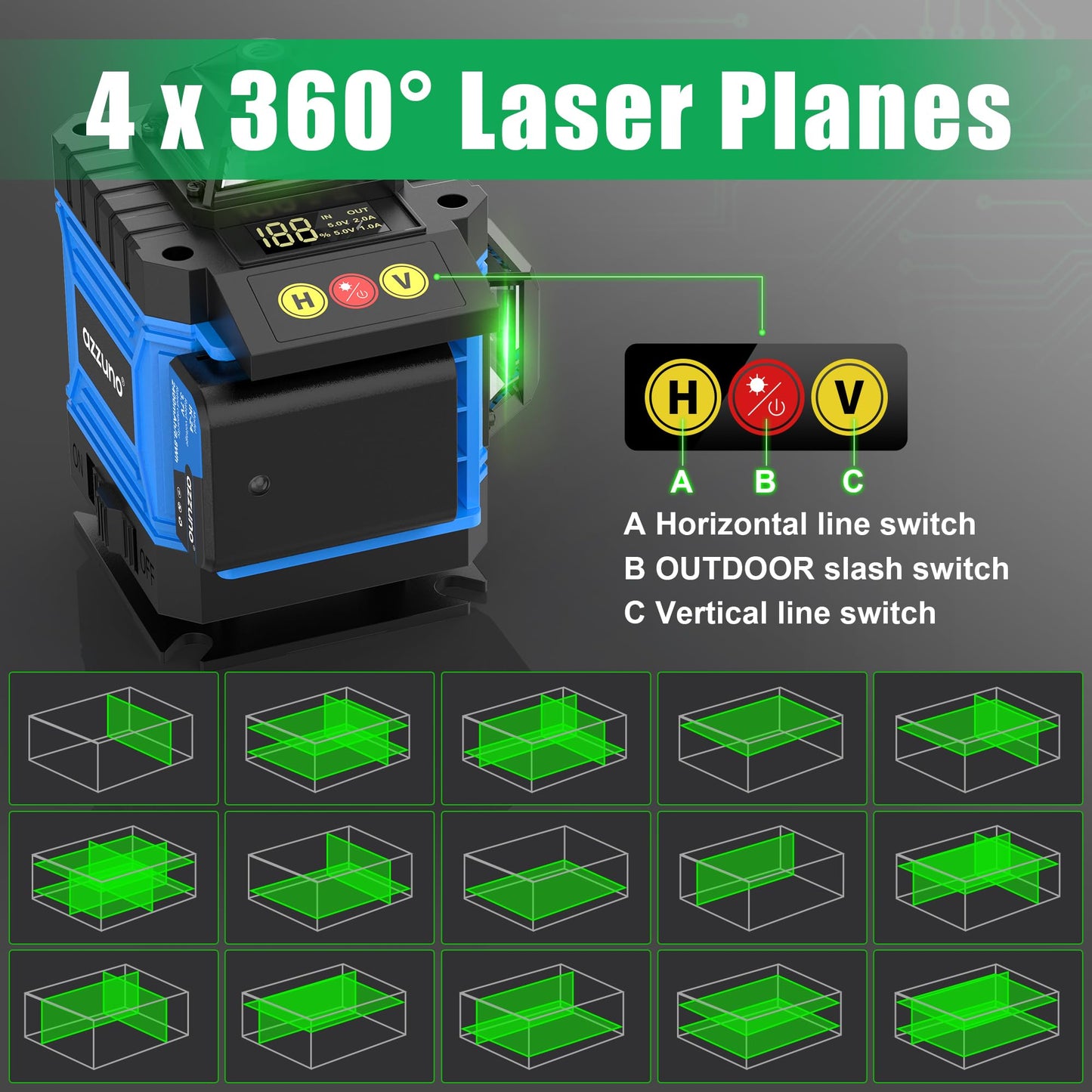 AZZUNO Laser Level 360 Self Leveling Green Beam with LCD Screen, 4x360 lazer leveler tool, Rechargeable Battery & Magnetic Base - Ideal for Construction, Tiling, Tool Gift - Medaid International