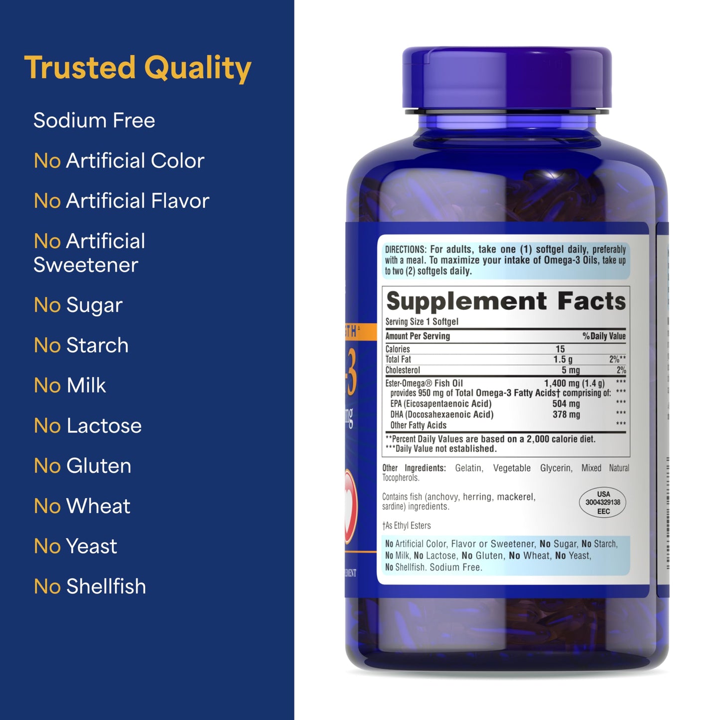 Puritan's Pride Triple Strength Omega-3 Fish Oil 1400mg, Active Omega-3 950mg, Dietary Supplement for Heart, Joint, and Cellular Health Support, 240 Rapid Release Softgels (Packaging May Vary) - Medaid International
