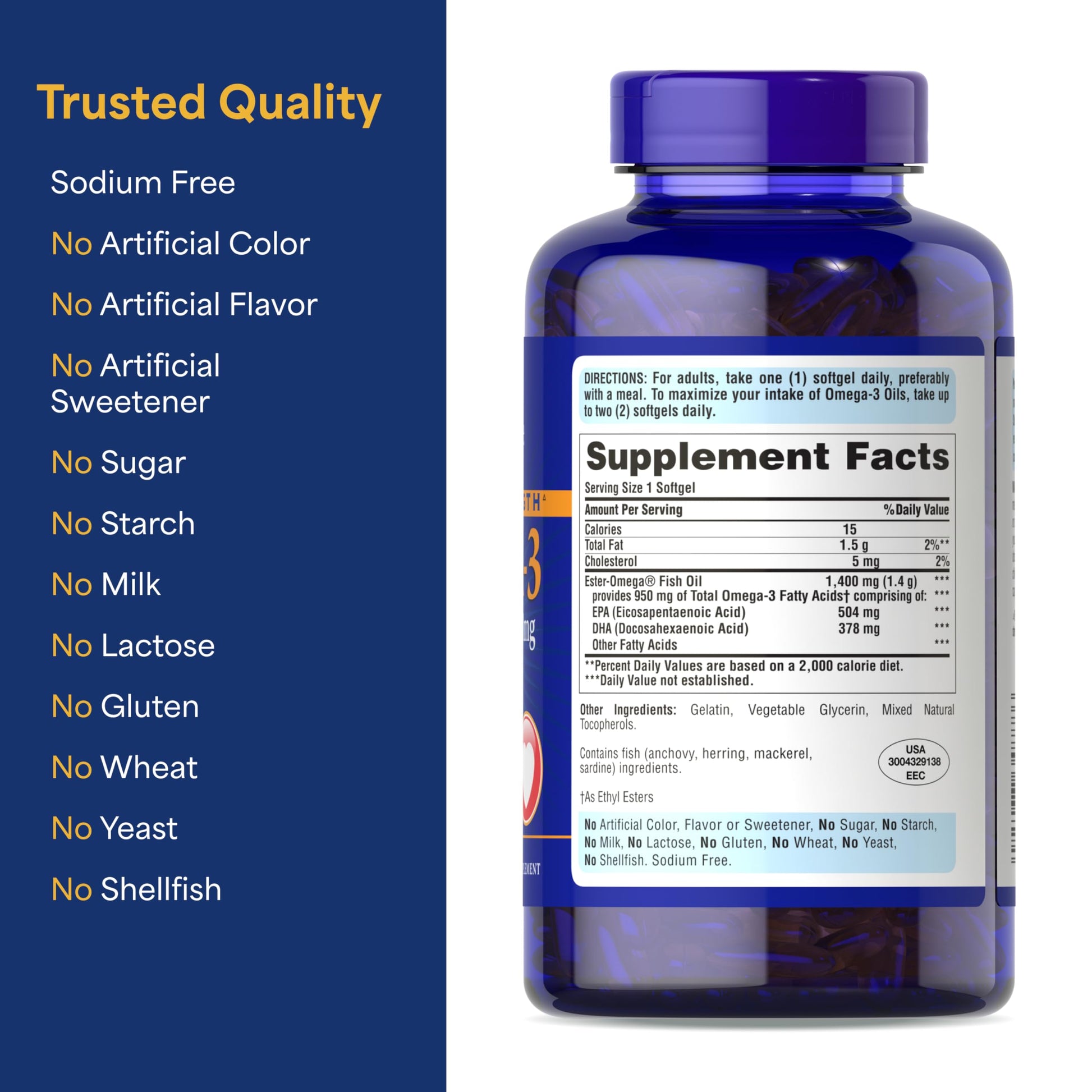 Puritan's Pride Triple Strength Omega-3 Fish Oil 1400mg, Active Omega-3 950mg, Dietary Supplement for Heart, Joint, and Cellular Health Support, 240 Rapid Release Softgels (Packaging May Vary) - Medaid International