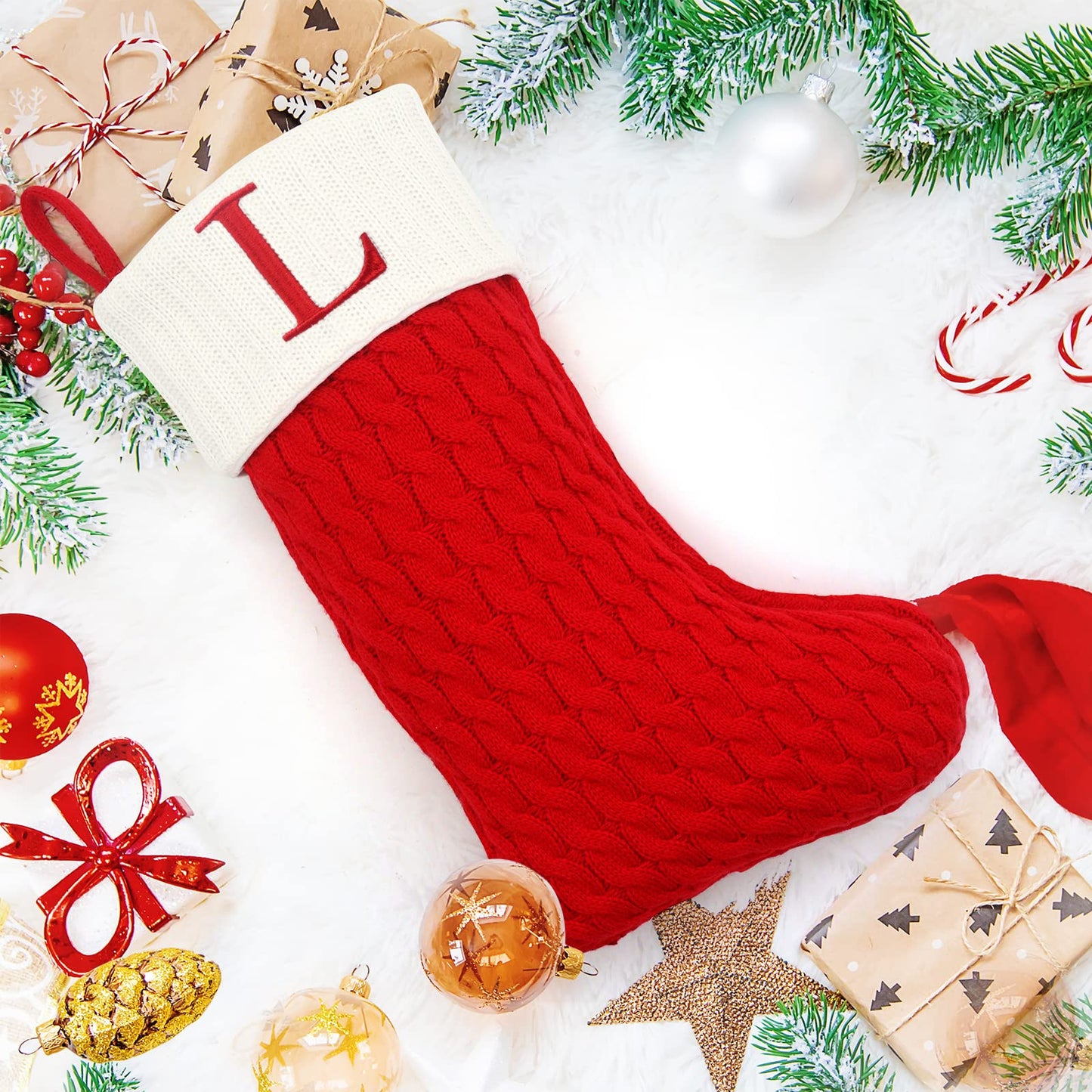 ZOEA 20 Inches Christmas Stockings with Initials, Large Embroidered Letter Knit Christmas Stocking for Family Holiday Decorations and Xmas Gift (L, Red) - Medaid International