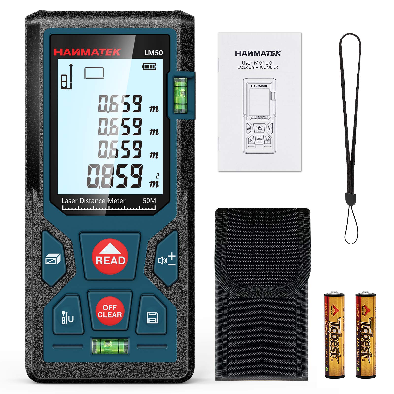 165ft/50m Laser Measure Ft/in/M Switching LM50 Laser Measurement Tool Devices with 2 Bubble Levels Distance Meter,Large Backlit LCD - Medaid International