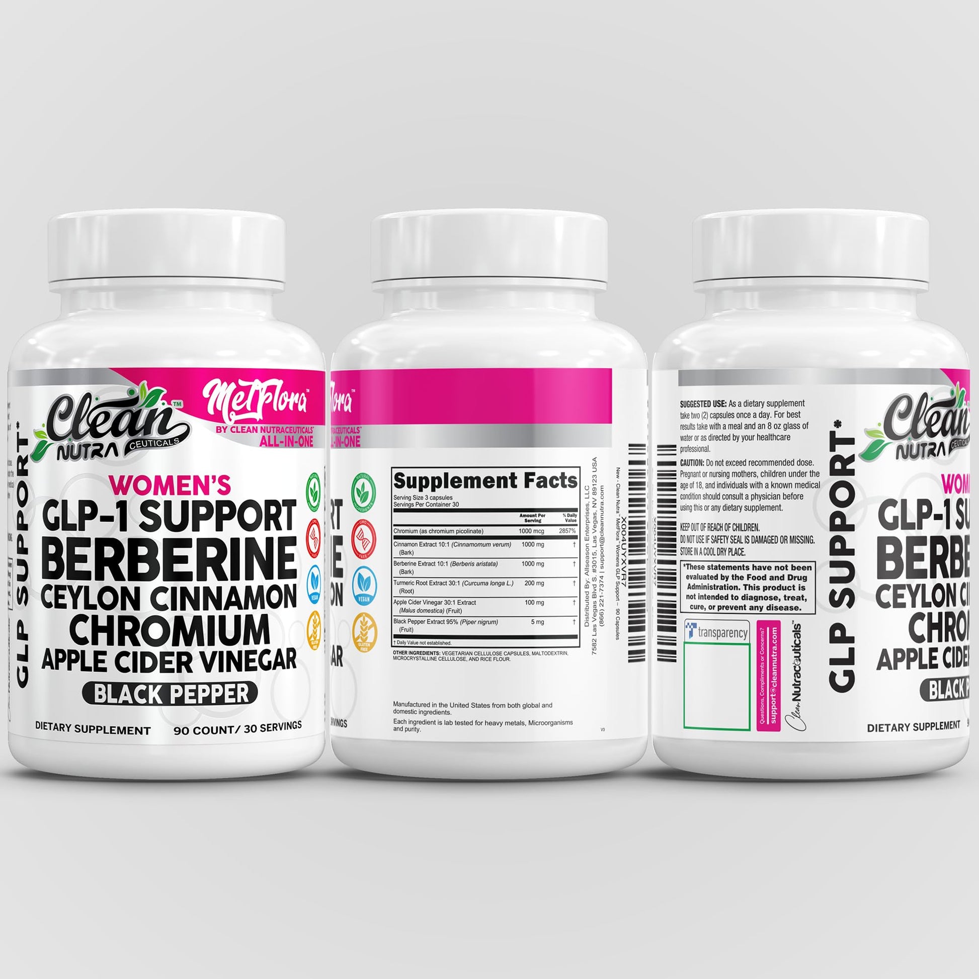 Clean Nutra Women's GLP-1 Support Complex, Berberine with Ceylon Cinnamon, Chromium, Apple Cider Vinegar, 90 Capsules - Medaid International