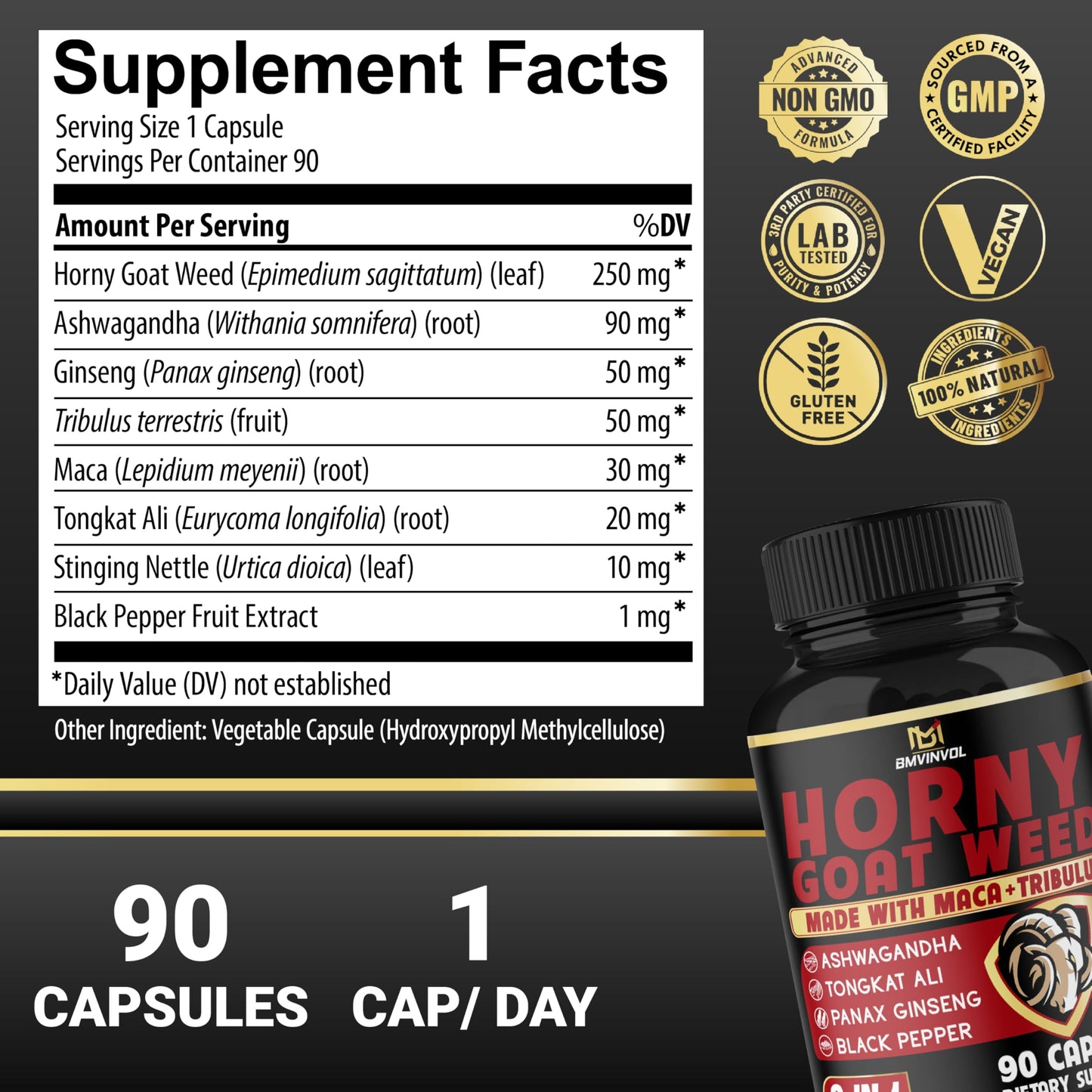 BMVINVOL Horny Goat Weed Capsules with Maca, Ginseng, Tribulus Terrestris, Ashwagandha, Black Pepper - 90 Count for 3 Month Supply - Medaid International