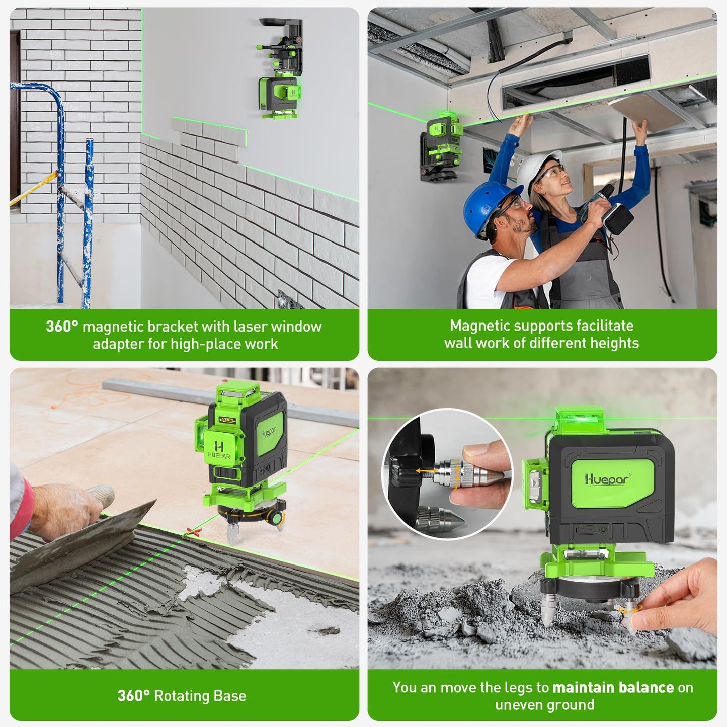 Huepar Laser Level 360 Self Leveling, 16 Lines High Accuracy ±1/9" Green Laser Level with Remote Control, 4x360 Cross Line Tiling Floor Laser Tool, 4D for Construction 904DG - Medaid International