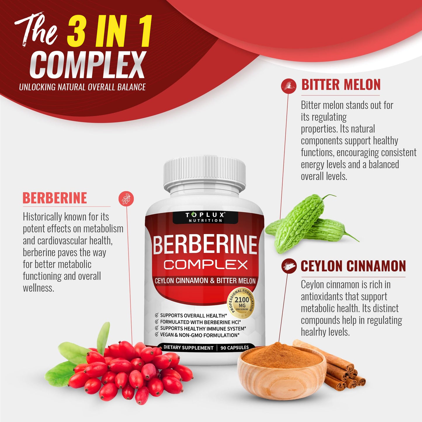 Toplux Berberine with Ceylon Cinnamon and Bitter Melon 2100mg - High Purity 97% HCL Berberine Supplement, Supports Overall Health & Immune System, Non-GMO Vegan 90 Capsules - Medaid International