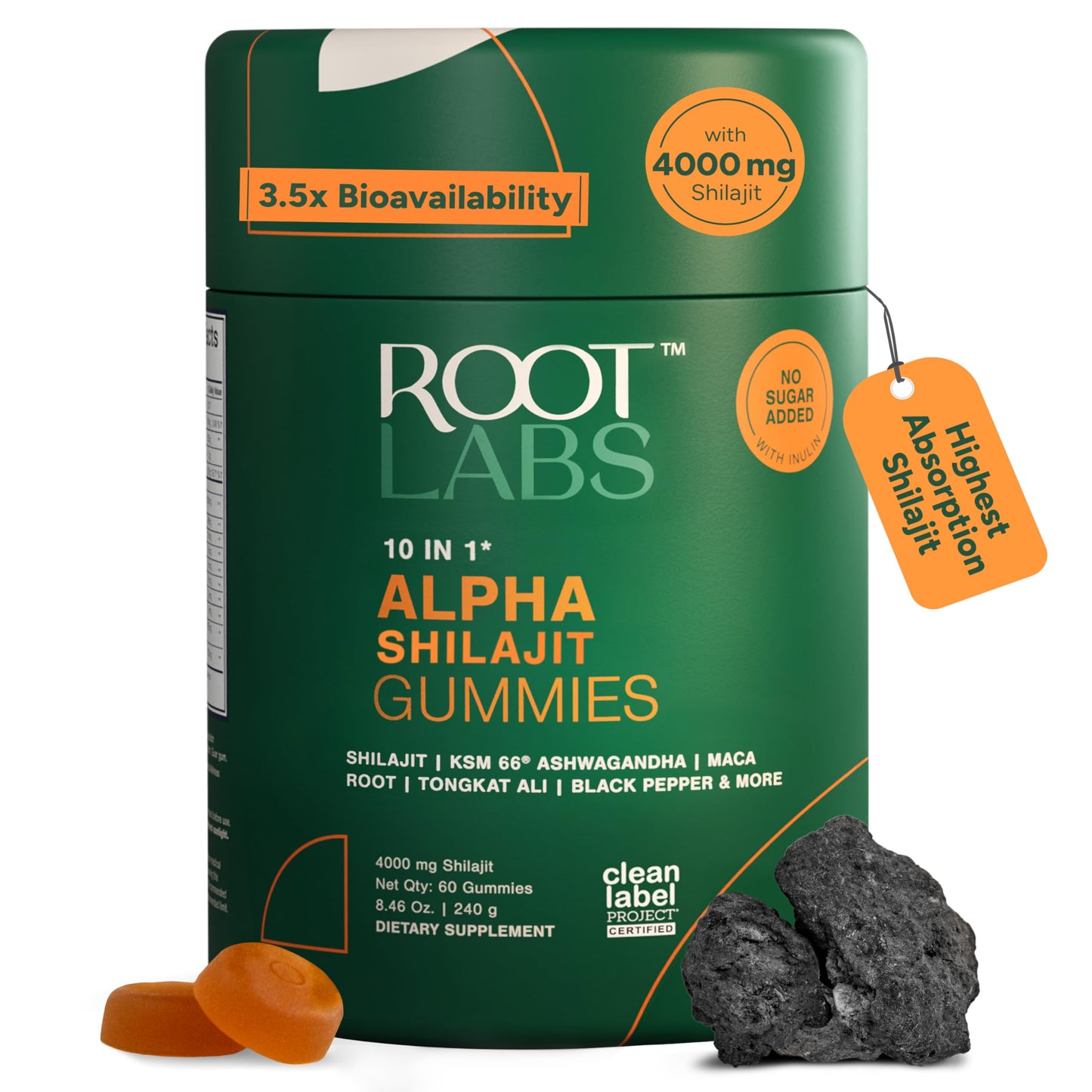 ROOT LABS 10-in-1 Alpha Shilajit Gummies | 4000 mg Pure Himalayan Shilajit, Tongkat Ali, Maca Root, 75% Fulvic Acid | ShilAbsorb Bioavailability Tech | Sugar-Free Vegan, 85+ Trace Minerals | 60 Pack - Medaid International