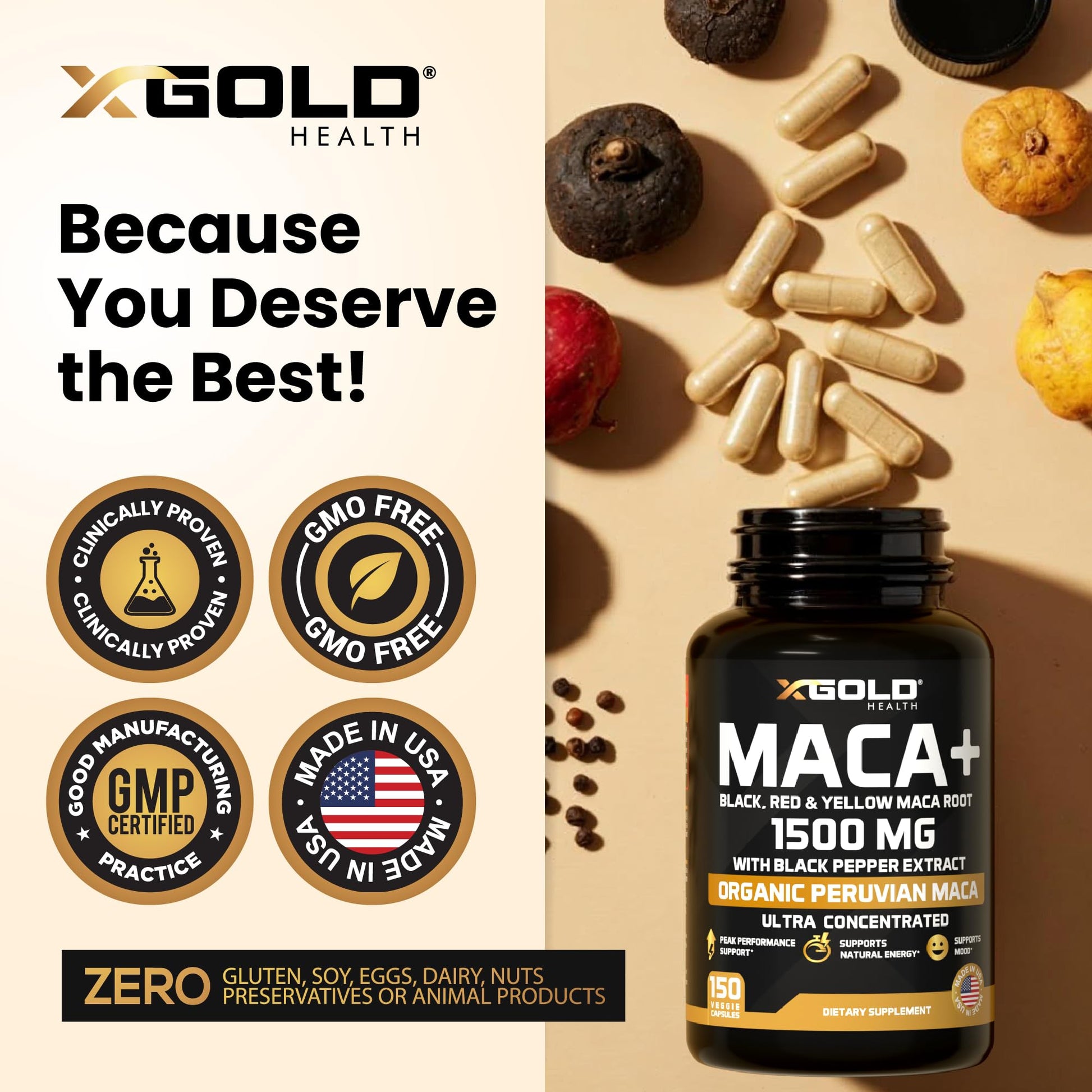 X Gold Health Organic Maca Root Powder Capsules 1500mg with Black | Red & Yellow Peruvian Maca Root Extract Gelatinized, Energy & Mood Supplement for Men & Women + Black Pepper for Best Benefits - Medaid International