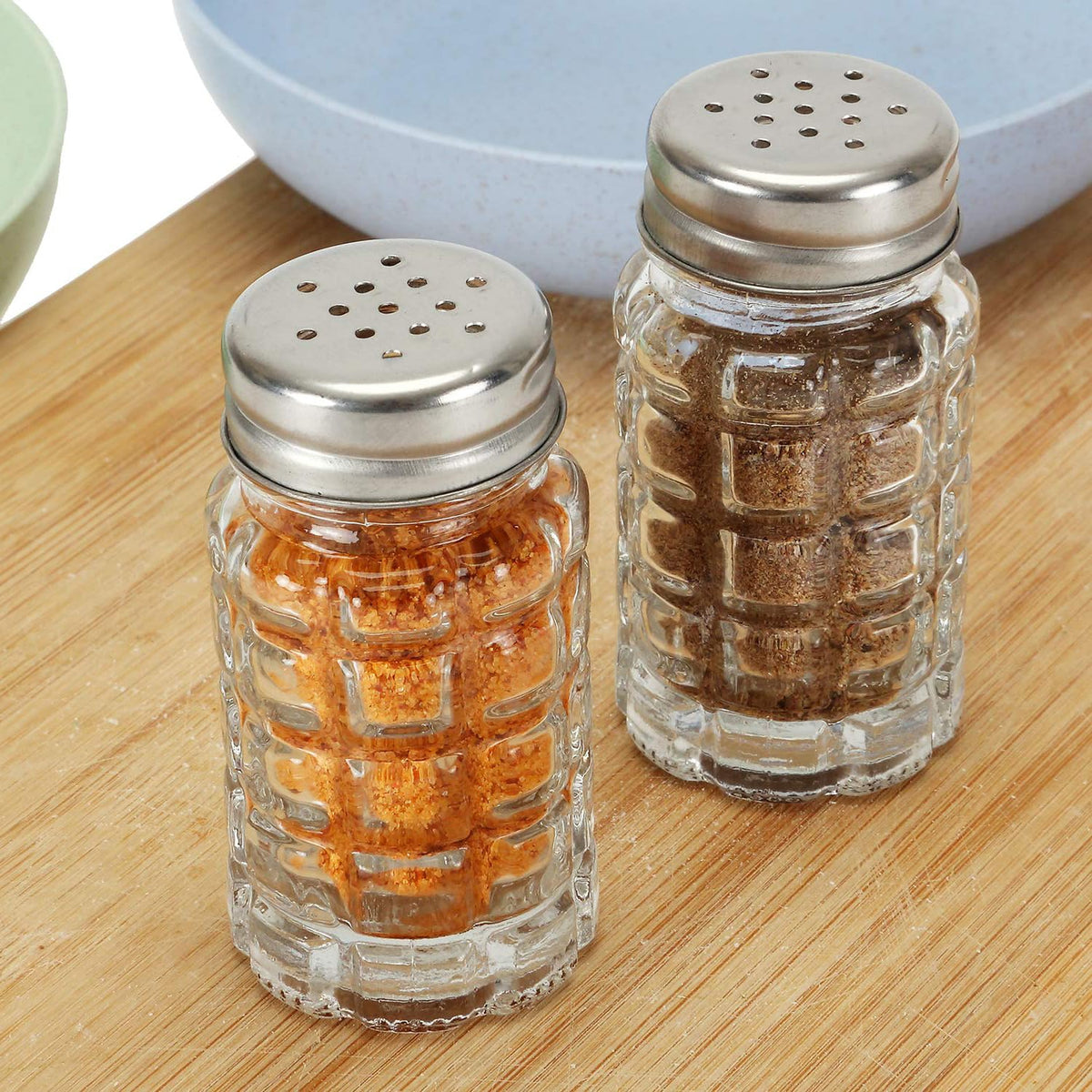 TERRIFI Retro Style Salt and Pepper Shakers, 2 oz Clear Glass Salt Shaker, with Stainless Steel Lids for Kitchen Counter Table Restaurant Hold Various Condiments(16 Pcs)