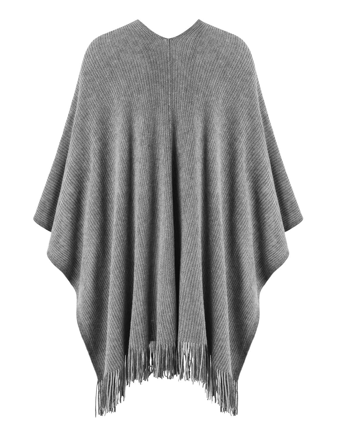 KASTWAVE Women's Open Front Poncho Cape with Pockets Soft Knit Fringe Shawl Wrap, Grey