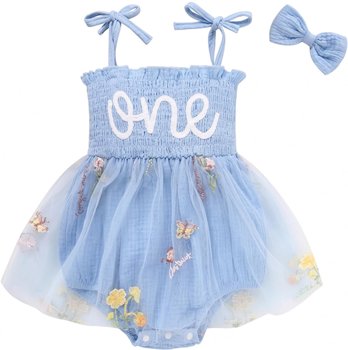 Baby Girl 1st Birthday Outfit, Floral ONE Tulle Romper Dress with Matching Headband Set, Sleeveless Princess Bodysuit Photo Props for 12-18 Months Cake Smash Party