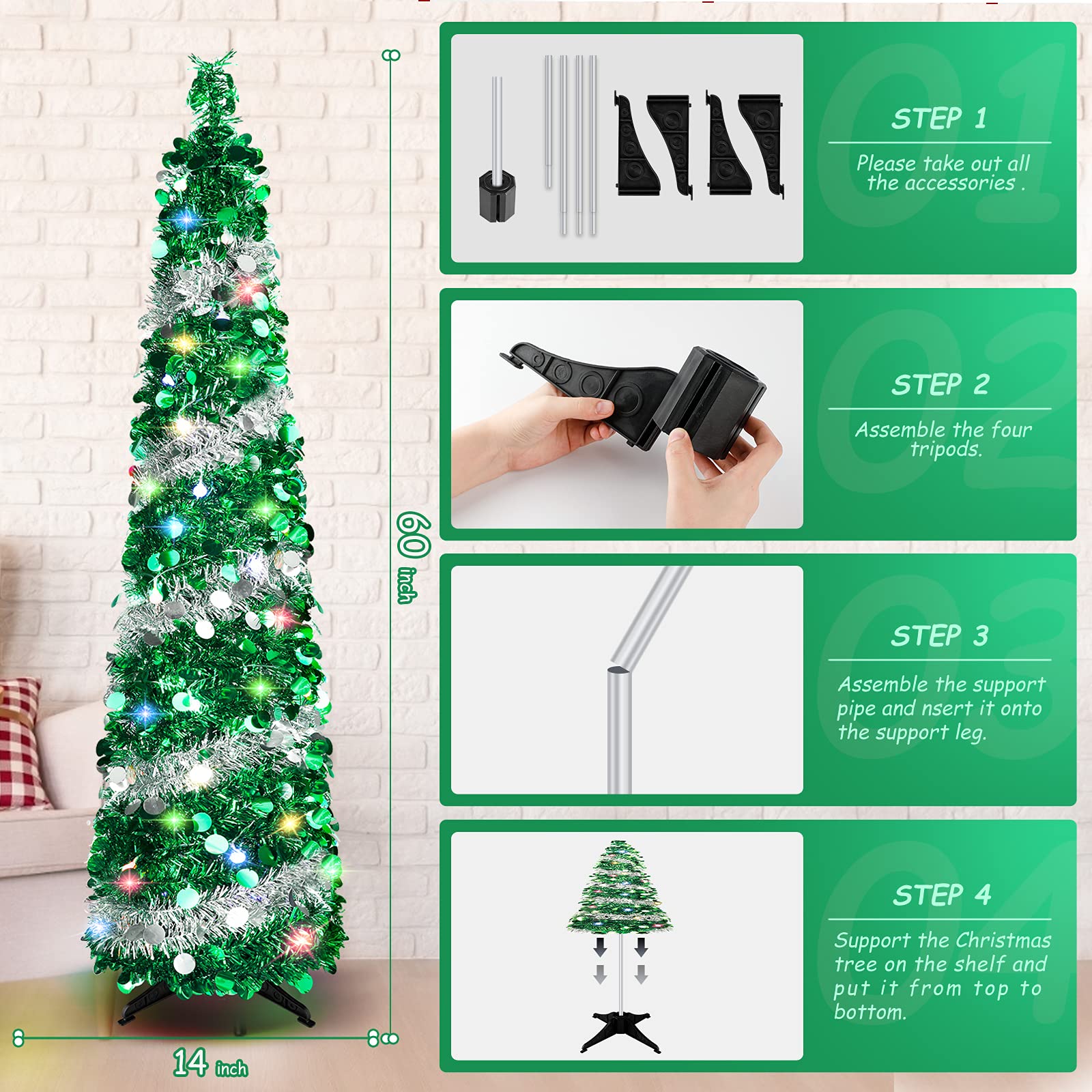 5 FT Christmas Trees with 90 Colorful Lights, Collapsible Artificial Sequin Pop Up Christmas Tree, Tall Skinny Pencil Tinsel Christmas Trees Xmas Tree for Home Apartment Basement Fireplace - Medaid International
