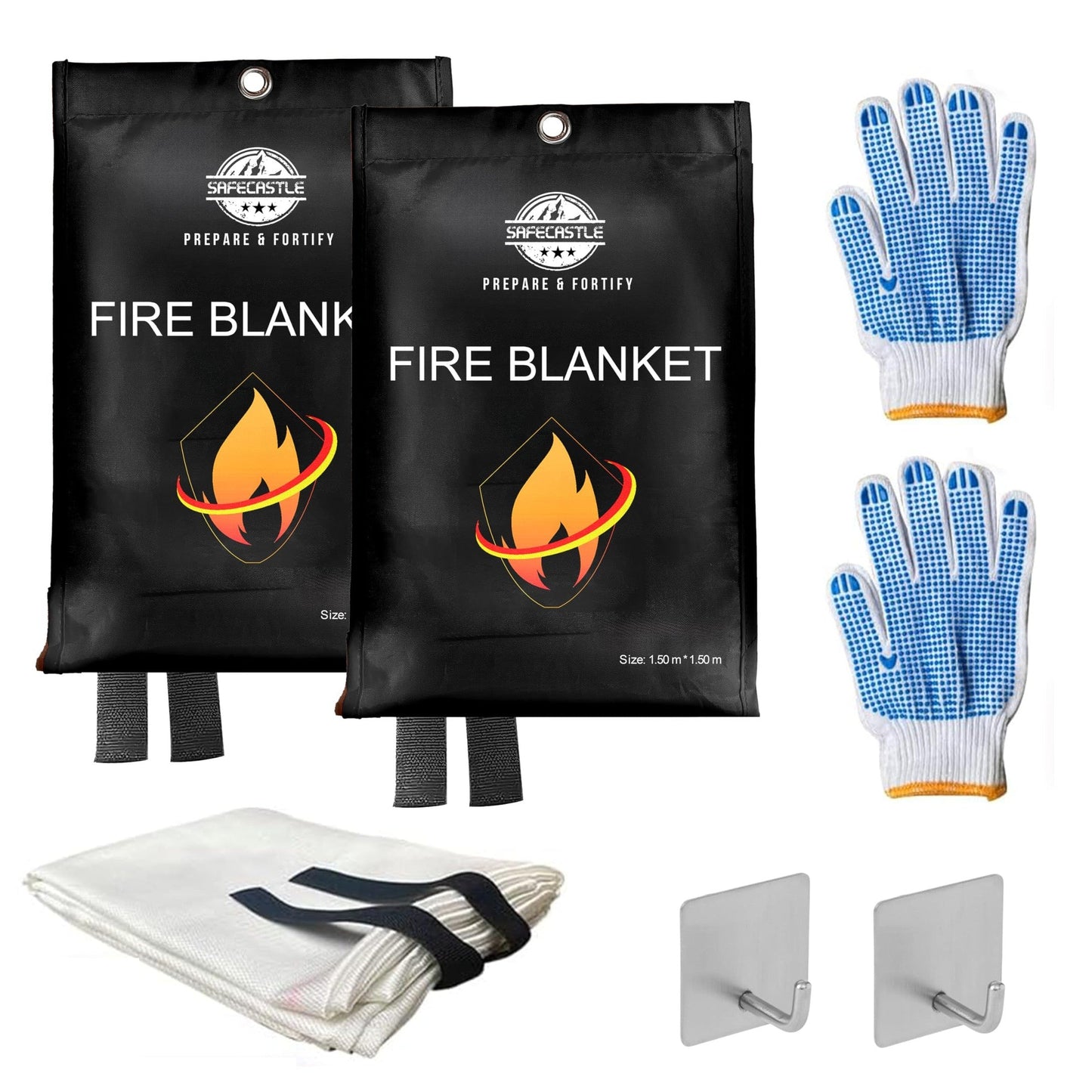 SAFECASTLE Emergency Fire Blanket 59"x59" Large Size, 2 Pack + 2 Hooks & 2 Gloves Fire Retardant Blanket with Fireproof Tabs for Home, Outdoor, Office, Car and Camping Fire Protection Survival Safety